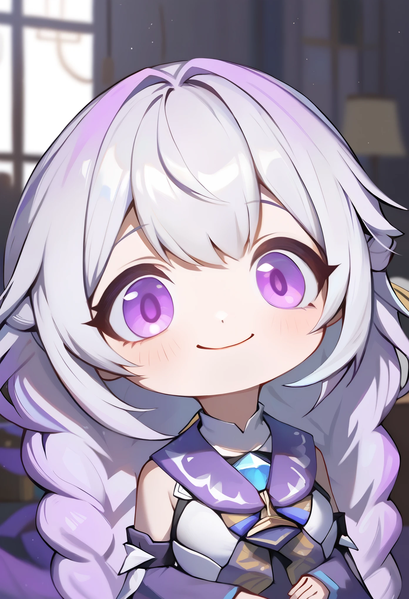 score_9,score_8_up,score_7_up, smooth anime, (Cryptic Girl), 1girl, solo, purple hair, (purple eyes), well-aligned eyes, extremely detailed face, very long hair, grey hair, braided ponytail, purple white gradient long hair, mutsukiface, chibi, portrait, closed mouth, close-up, crazy eyes, crazy smile, backlighting, indoors, bed, dark background, BREAK depth of field, illumination, shiny skin, skindentation