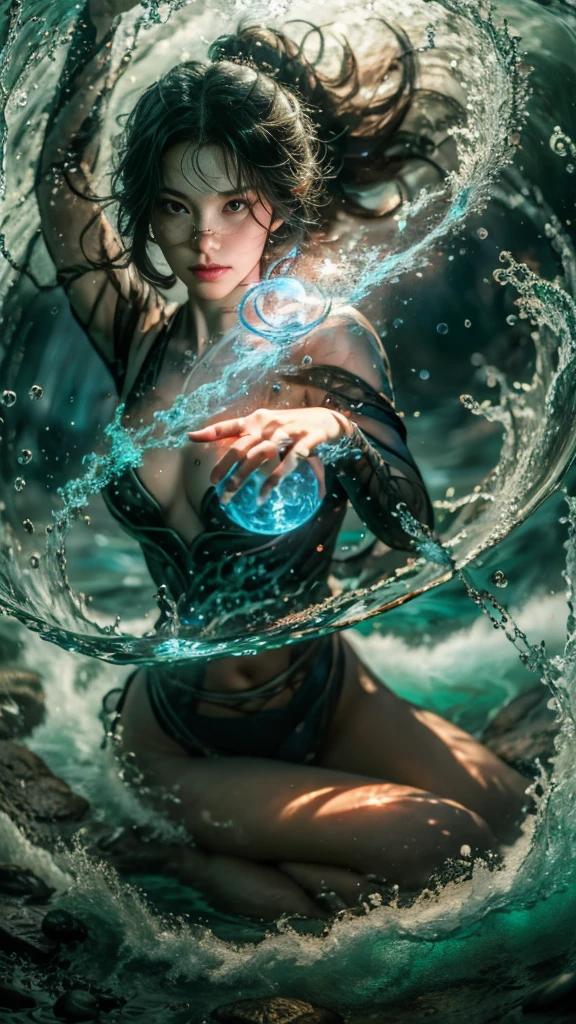 ((highest quality)), ((masterpiece)), (detailed), (Realistic), (Official Art), (extremely detailed CG unity 8k wallpaper), (Water Magic:1.2), (Manipulating Water:1.1), (Elemental Control:1.2), (Graceful Movement:1.1), (The beauty of water:1.2), (Mystical Powers:1.2), (Calm expression:1.1), (Flowing Tide:1.2), (Glowing water droplets:1.2), (Captivating aura:1.1), (Magic spells:1.2), (ripple:1.2), (Wonderful water formation:1.1), (Emerging from the whirlpool of water:1.2), (In harmony with nature:1.2), (Controlling nature:1.2), (Translucent veil:1.1), (Wisdom and power:1.2), (Whirlpool of enchantment:1.2), (Luminous Water Glyph:1.1), (In harmony with the sea:1.2), (Mysterious origins:1.2), (A harmonious balance:1.1), (Gentle strength:1.2), (A fascinating sight:1.2), (Immerse yourself in liquid magic:1.1), (Accept your fate:1.2)
