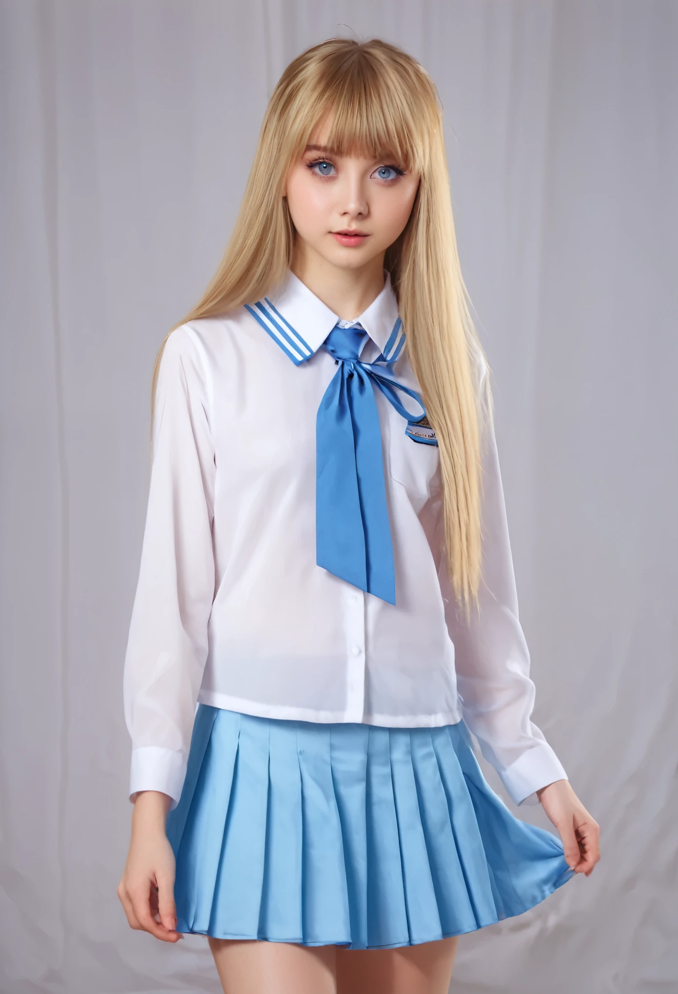 Sexy 16 year old girl with shiny blonde silky hair dazzling、Cute sexy little beautiful face with shiny hair dancing in front of beautiful cute face、long silky bangs covering the eyes、beautiful pale light blue big eyes、 Straight silky hair with super long hair that hides the face、Sexy cute young small girl、School Uniforms、Small face beauty、Pure white and beautiful shiny skin、