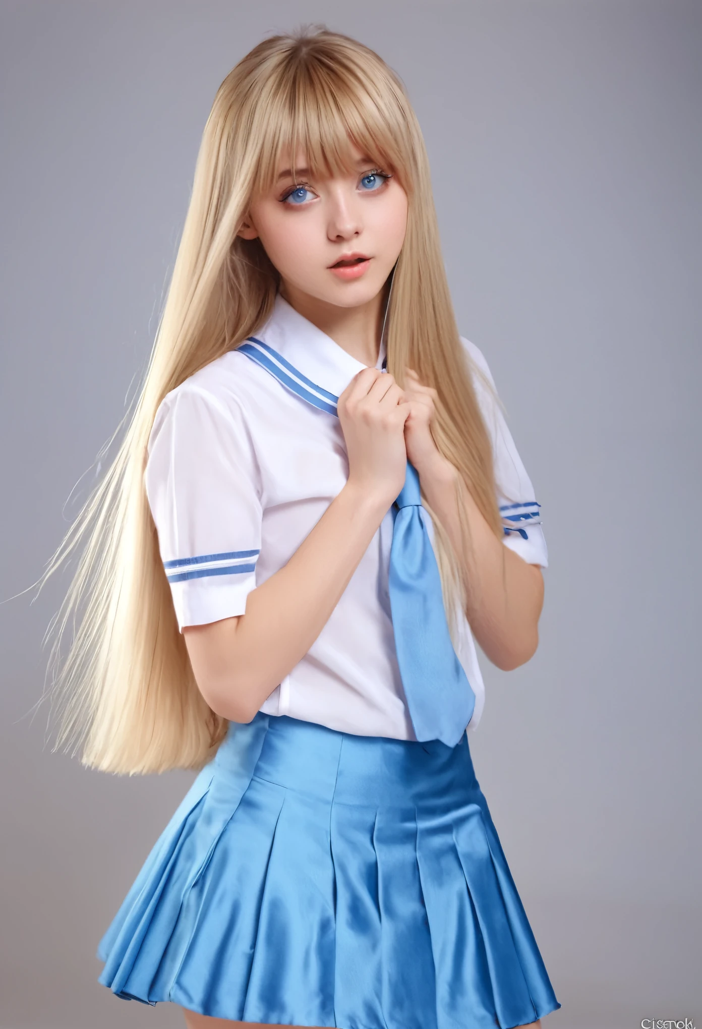 Sexy girl with shiny blonde silky hair dazzling、Cute sexy little beautiful face with shiny hair dancing in front of beautiful cute face、long silky bangs covering the eyes、beautiful pale light blue big eyes、 Straight silky hair with super long hair that hides the face、Sexy cute young small girl、l Uniforms、Small face beauty、Pure white and beautiful shiny skin、