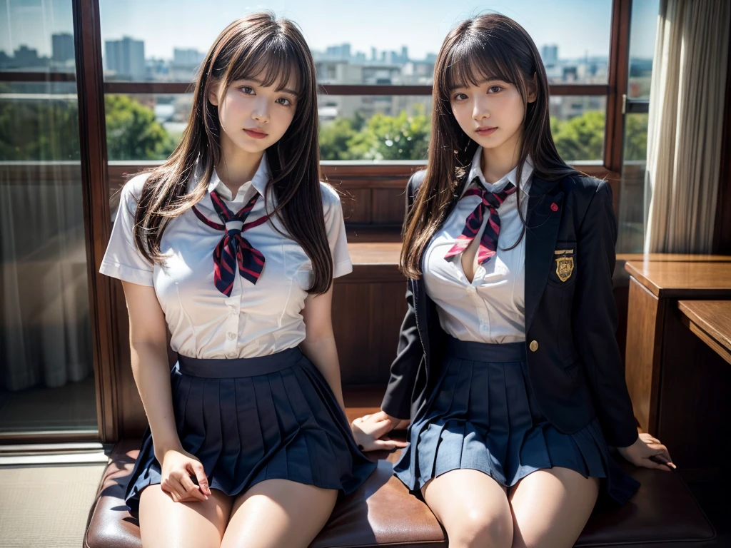 (RAW photo, 4k, masterpiece, high resolution, extremely complex) (realistic: 1.4), cinematic lighting
((2 girls, 2 schoolgirls)),Slam Dunk's,blushing,((innocent)),bright eyes,round eyes,blunt bangs,(straight hair:1.3),black hair,large breasts,wide hips,Summer Noon, ,Hot, (Best Quality), (Highres), (an Extremely Delicate and Beautiful),(Beautiful 8k face),(Brown eyes),short bob hair,( spectators),(gigantic breasts),(Play with each other,Touching each other's bodies,Touching the body),(Japanese high school uniform:1.3),blue skirt,(reality),bright lighting,(The background is a luxury hotel room)