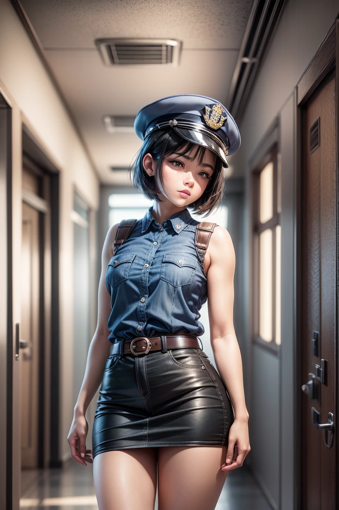 1 girl, ((alone:1.5)),Black Short Hair,Police uniform,belt,clock, White sleeveless collared shirt,Blue Super Mini Skirt:1.8,Police hat, Blushing:1.2, Perfect light, 8k, masterpiece:1.2, Very detailed, Realistic:1.37, Full HD, Police station hallway,indoor,(Front shot:1.3),(Are standing),((Attractive face:1.2))
