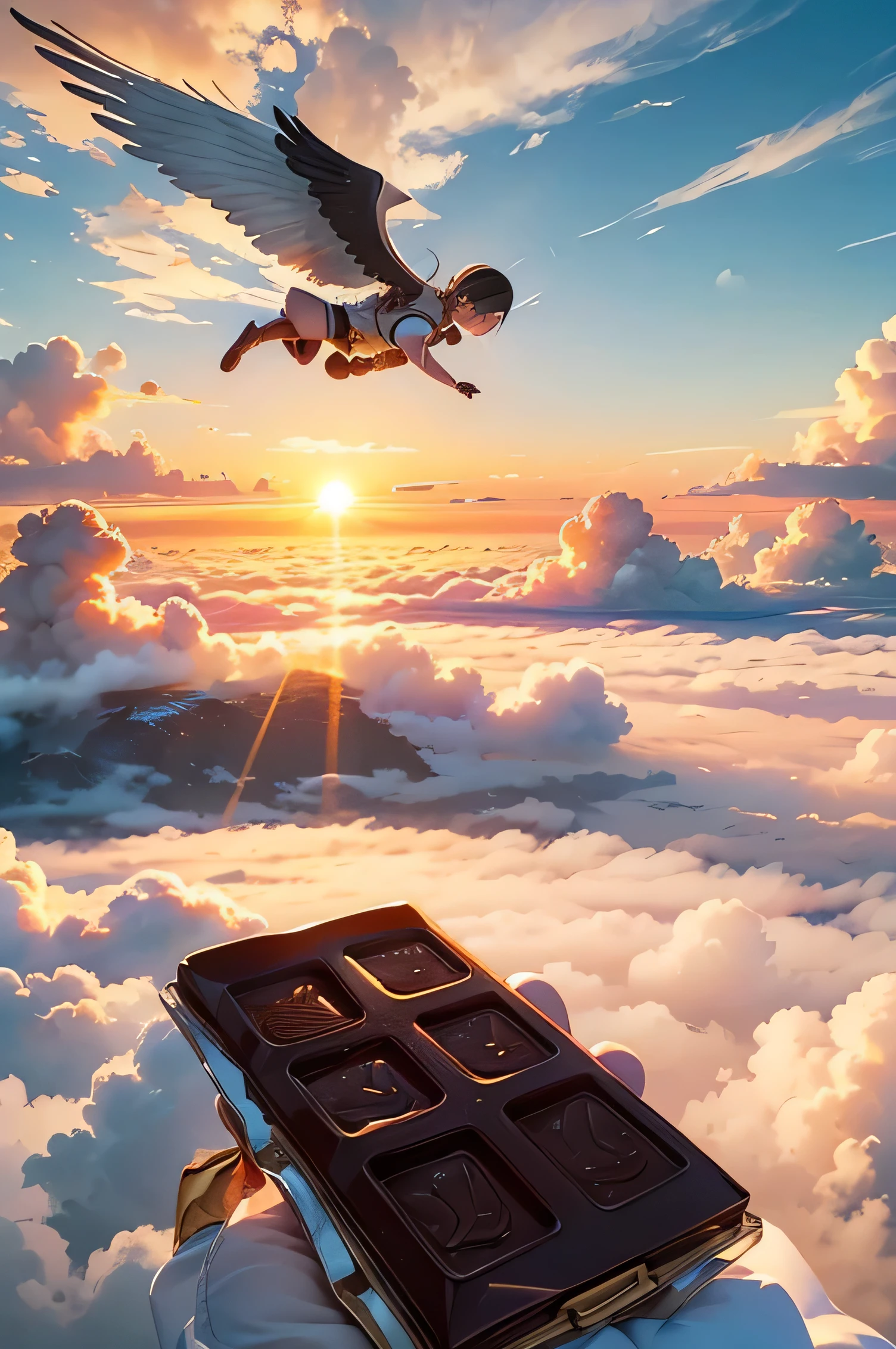 capture the land above the clouds with a really light and airy feel, make it golden hour with the sun setting slightly behind the clouds. Have chocolate bars with wings flying about the scene.