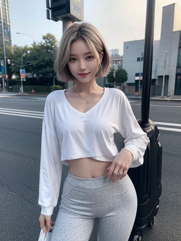 masterpiece, highest quality, High resolution,alone,Multiple hair colors,artistic,Best lighting,casual,Flat Chest,Beautiful Face,expensive,smile,light makeup,Age 25,Calm woman,Detailed Hair,Laughing woman,amount,short hair,Woman in sportswear,Pants Style,whole body,Lean on