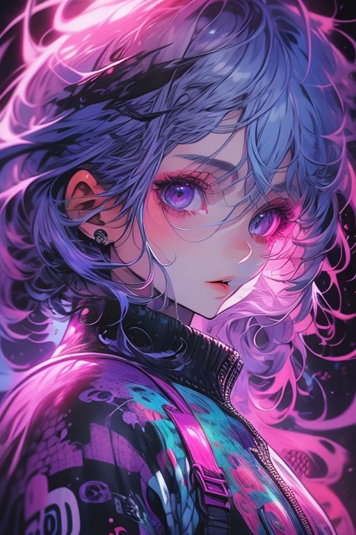 1girl,solo,cool,neon,silver hair,cool color colorful,paint,upper body,,perfect face,brilliant eye,suspicious,mysterious,purple aura,purple color background,dark atmosphere,darkness
