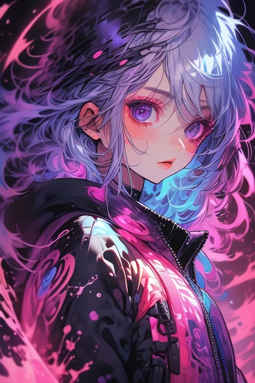 1girl,solo,cool,neon,silver hair,cool color colorful,paint,upper body,,perfect face,brilliant eye,suspicious,mysterious,purple aura,purple color background,dark atmosphere,darkness