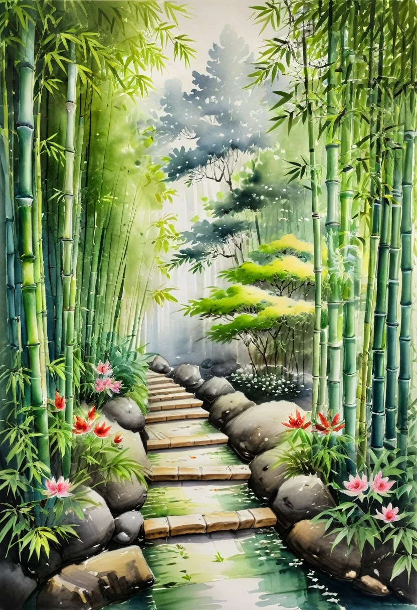 Watercolor Landscape, The bamboo path leads to a secluded place, and the meditation room is filled with deep flowers and trees, (masterpiece, best quality, Professional, perfect composition, very aesthetic, absurdres, ultra-detailed, intricate details:1.3)