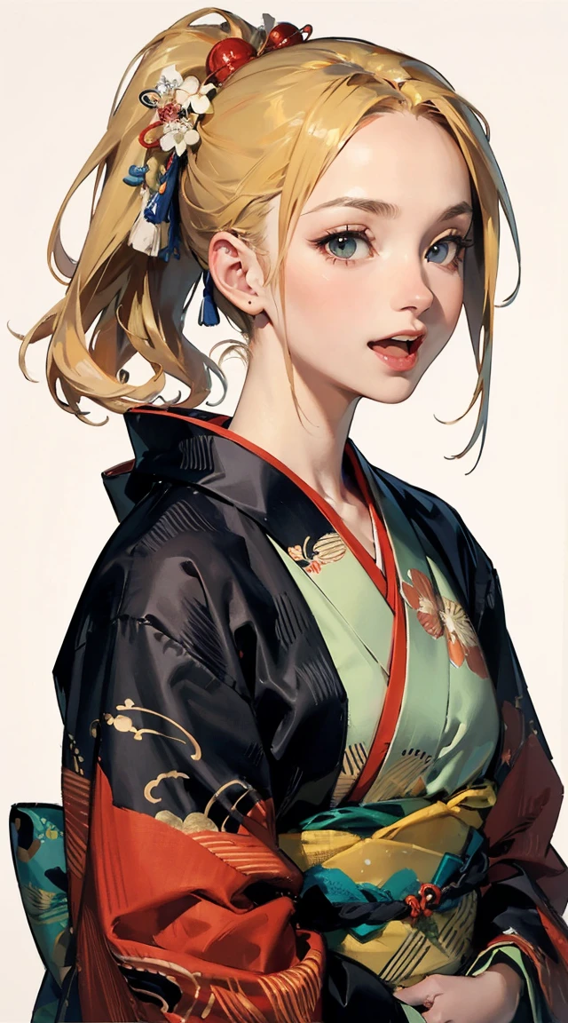 (masterpiece), best quality, expressive eyes, perfect face Beautiful Japanese woman cartoon, cartoon cute anime, Beautiful Japanese kimono, There a dragon embroidery on the kimono. kimono colour black and red, Japanese woman long hair, hair colour Black, hair style ponytail, single eyelids, eye style hooded and sultry and deep set and captivating and enigmatic, Facial expression smile, situation beautiful image.　masterpiece, realistic, 8k, (1woman:1.3), european, hazelnut green eyes, white shirt, (blonde hair:1.1) , short-cut,(buzz-cut:1.1),1girl in,((:D))、Umalinda warrior sexy, pretty face, Delicious Company, Alluring figure, Wearing a sexy open kimono. The artwork is created in a medium reminiscent of Japanese ink paintings....., Features bold brushstrokes and a Monochromatic color palette. artist&#39;Masterful technique reveals the intensity and power of the image&#39;sense of presence，with the highest quality, Perfectly capture every detail with ultra-high resolution. Textures and intricate patterns on kimonos are rendered with extreme precision. Lighting is carefully designed，Enhance drama, Features deep shadows and subtle highlights. General, The artwork exudes elegance and power, Combining traditional Japanese aesthetics with a modern feel. Monochromatic color palette, Combine details, Create captivating and immersive experiences for your audience.