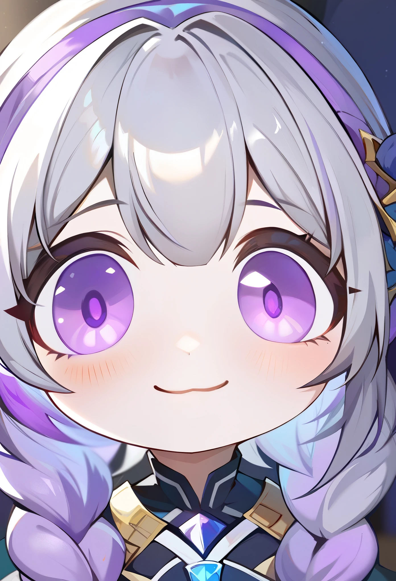 score_9,score_8_up,score_7_up, smooth anime, (Cryptic Girl), 1girl, solo, purple hair, (purple eyes), well-aligned eyes, extremely detailed face, very long hair, grey hair, braided ponytail, purple white gradient long hair, mutsukiface, chibi, portrait, closed mouth, close-up, crazy eyes, crazy smile, backlighting, indoors, bed, dark background, BREAK depth of field, illumination, shiny skin, skindentation