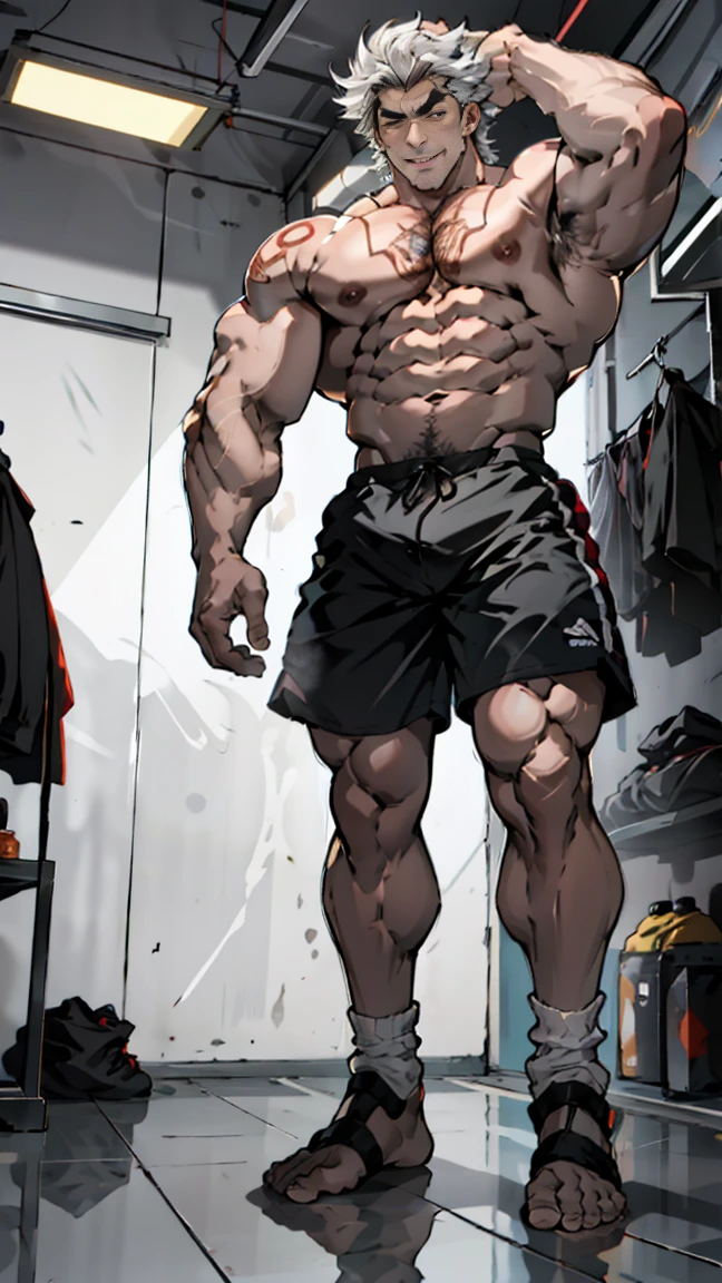 Red tattoo,Height: about 200cm,The socks are broken,The tip of the sock is broken by the toe,Leg hair,Muscle male,Chest muscles,muscle,Abdominal muscles,Well-developed muscle,muscle lines,musclestrength,the strong,Robust,Bodybuilding,Black shorts,Boys,juvenile,boy,Single masterpiece, best,Cluttered room,White socks with toes broken,