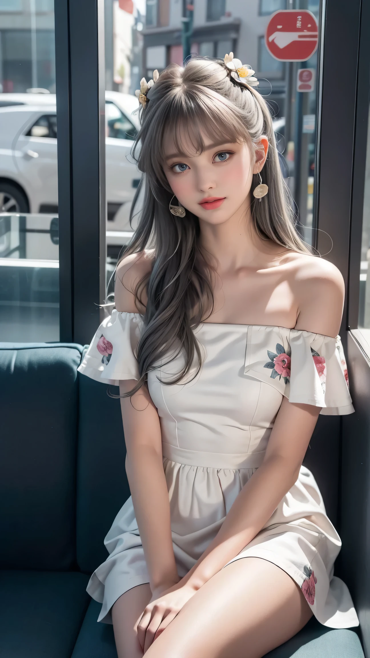 (Girl sitting on sofa in office)、Beauty、 One Girl、alone、Long Hair、Viewer、smile、blue eyes、hair ornaments、、gem、Gray Hair、Shut your mouth、Blunt bangs、Manicure、bracelet、lips、Grey Eyes、Portraiture、Red nails、close、Red lips、Put your hands on your face、Place your hand on your cheek、()、(Shiny skin)、(Outside the window is the Milky Way)、(Off-shoulder white dress with floral pattern),),(Girl sitting cross-legged),