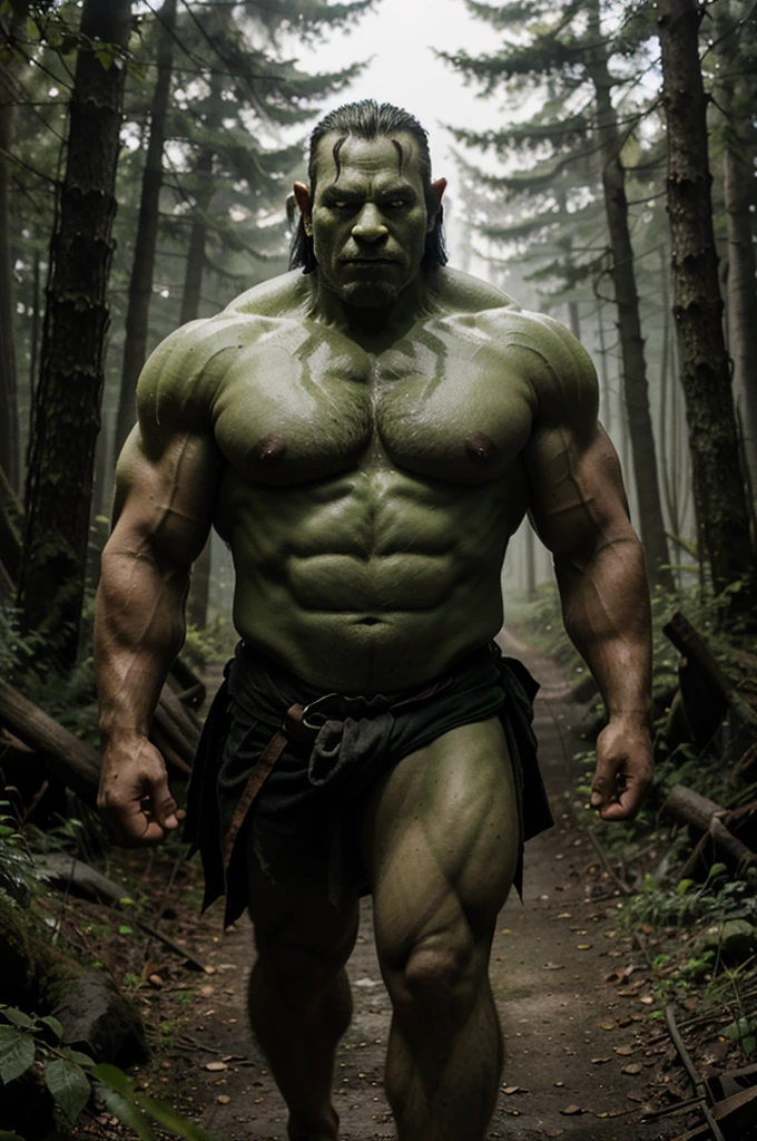 Dark green muscular orc armed with a sharp spear walking in thick woods in the misty morning 