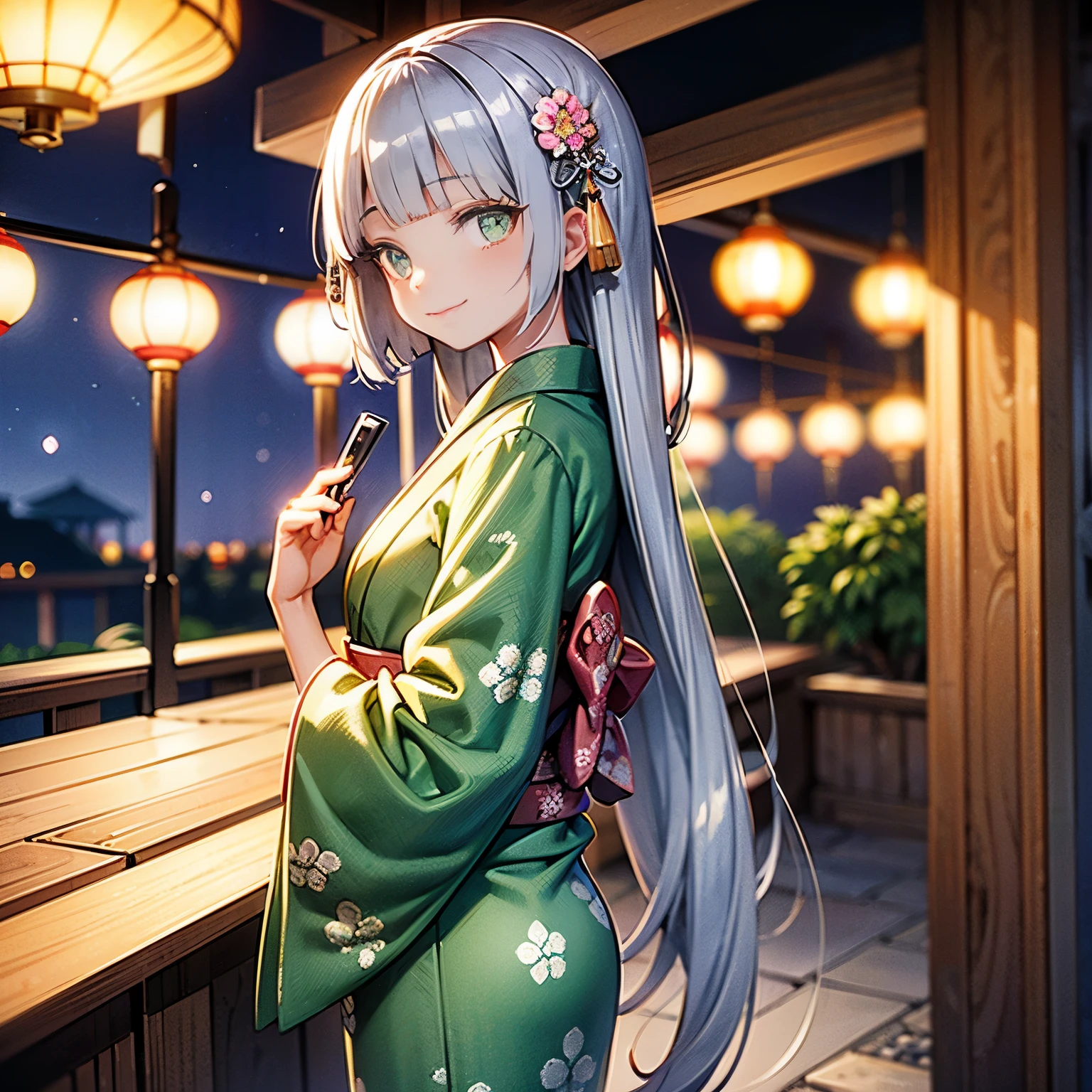 ♥(Japanese beautiful flower printed kimono,yukata),((1girl,cute,young,semi long beautiful silver green hair,blunt bangs,twin tales,beautiful green eyes)),(solo),((masterpiece, highest resolution,best quality)), (beautiful illustration),(Japanese beautiful flower printed kimono,yukata),
(looking at the viewer), innocent smile,cinematic lighting,Japanese Festival,stall,fireworks,night sky,full moon,shooting star,