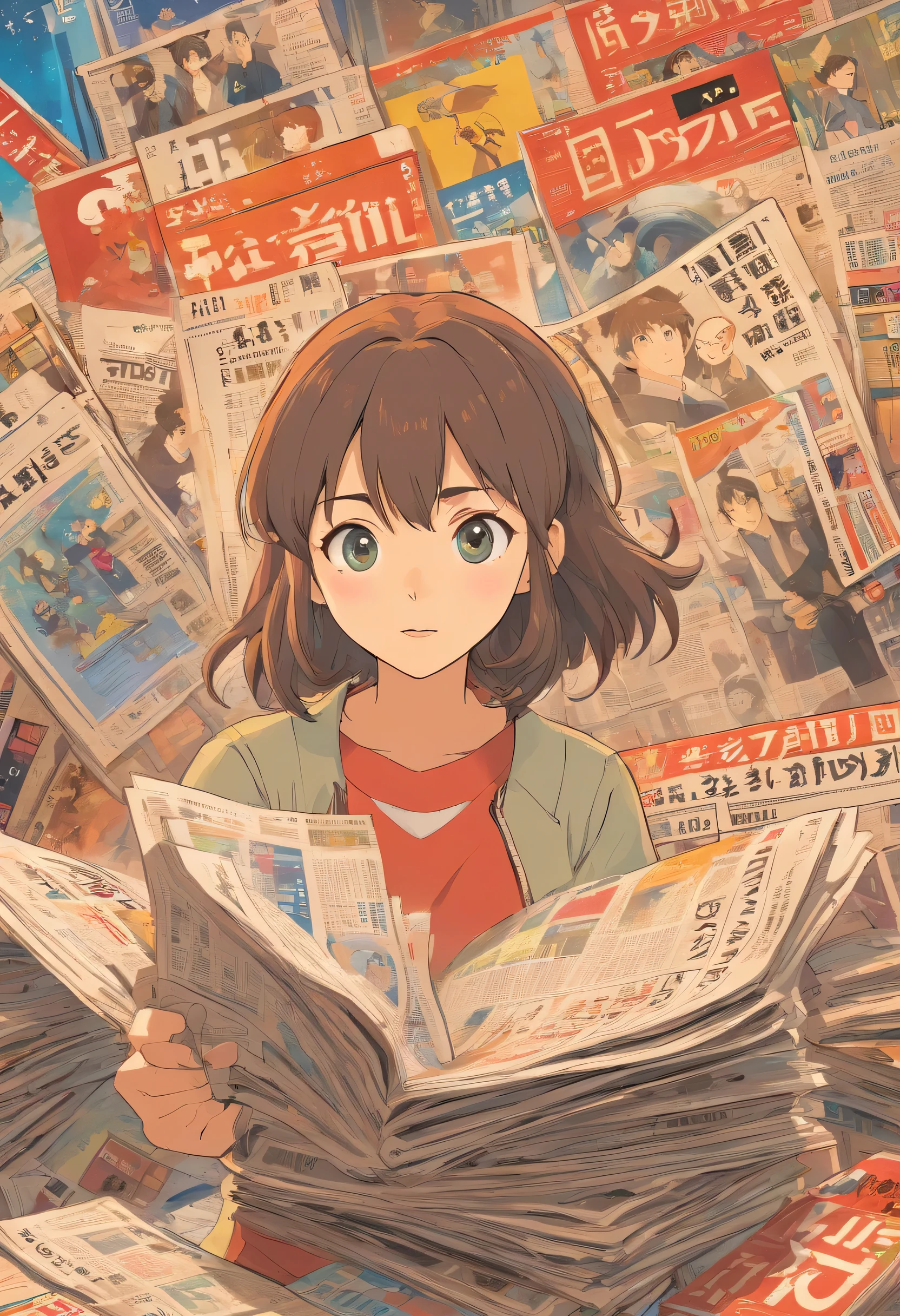 of chaotic newspapers and magazines representing sources of information. The background could feature semi-transparent binary codes to signify the digital information age.