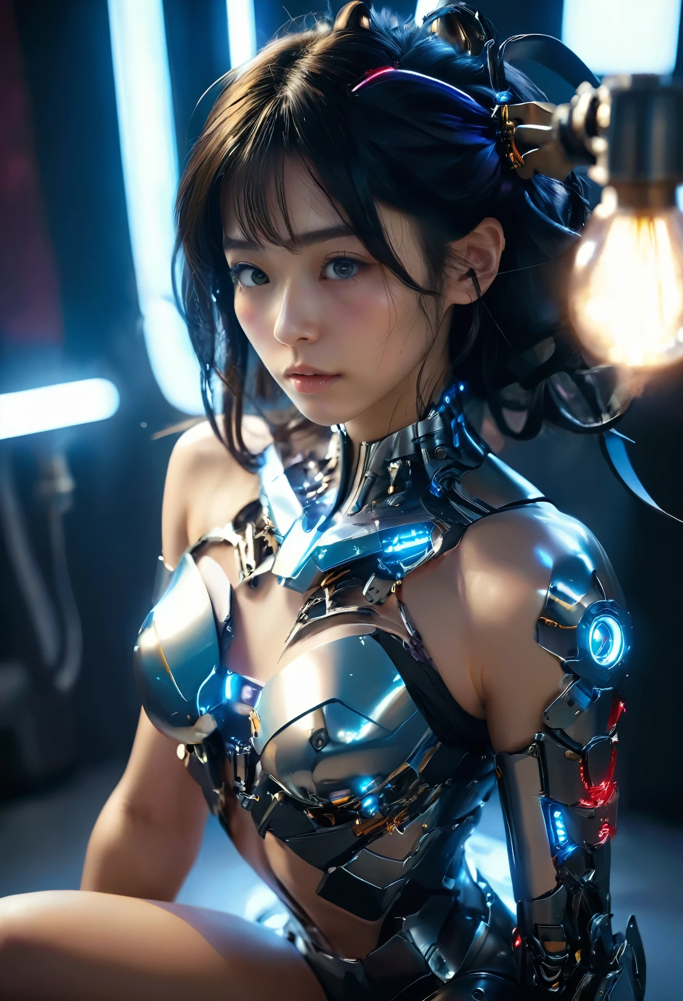 Top Quality, Masterpiece, Ultra High Resolution, (Photorealistic: 1.4), Raw Photo, 1 Girl, Black Hair, Glossy Skin, 1 Mechanical Girl, (Ultra Realistic Details)), Portrait, Global Illumination, Shadows, Octane Rendering, 8K, Ultra Sharp, Colossal, Cleavage Exposed Raw Skin, Metal, Intricate Ornament Details, Egyptian Details, Very intricate details, realistic light, CGSoation trend, purple eyes, glowing eyes, facing the camera, neon details, mechanical limbs, blood vessels connected to the tube, mechanical vertebrae attached to the back, mechanical cervical attachment to the neck, sitting, wires and cables connecting to the head, evangelion, small LED lamp,