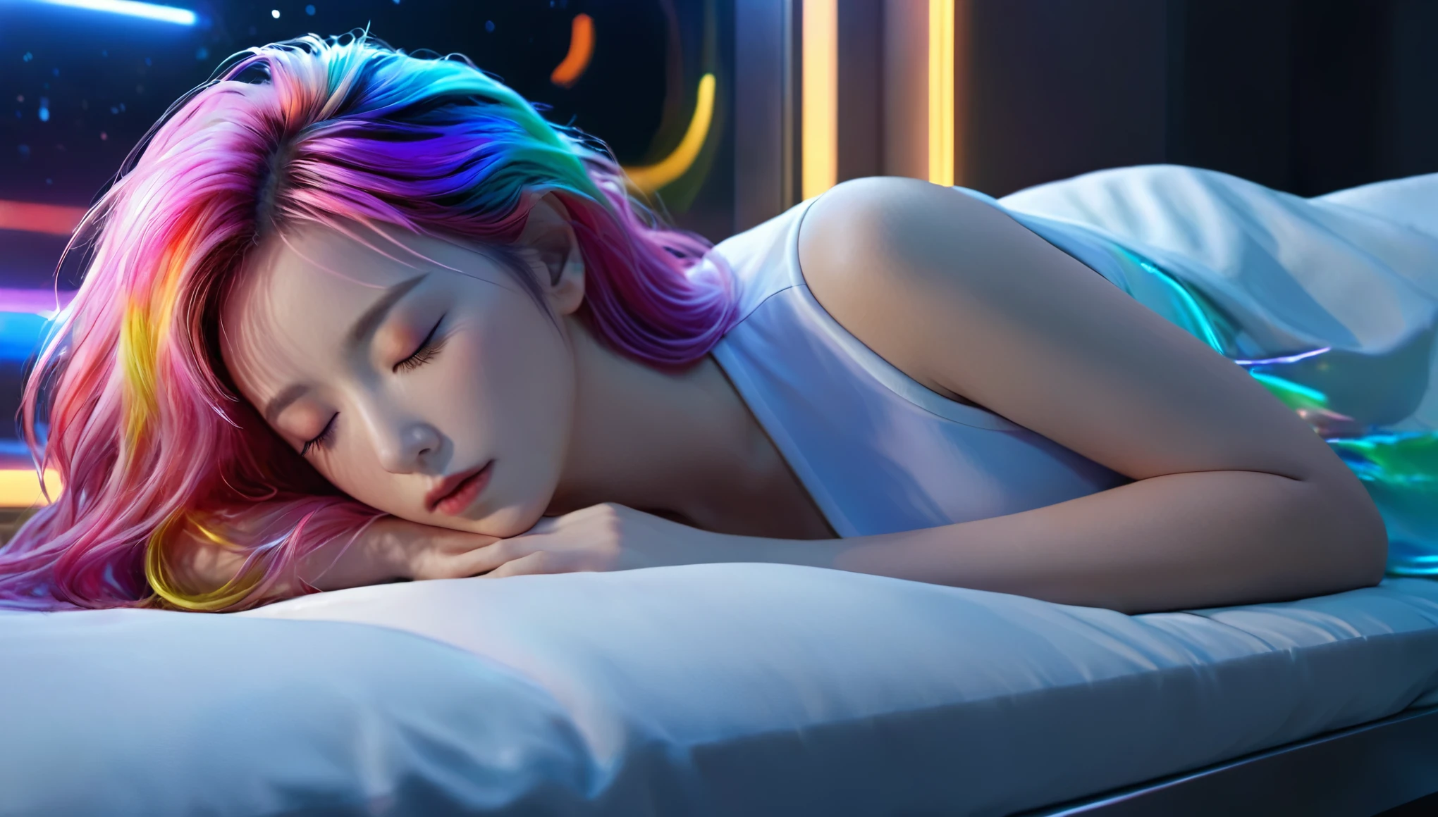 (best quality,8k,ultra-detailed:1.2),(CG,CG art,3D rendering),(masterpiece:1.2),（Crawling on the table），（Sexy clothing），(movie lighting,futuristic),(woman lying in bed,sleeping,closed eyes),(large window behind her,tranquil night),(colorful hair:1.5)
