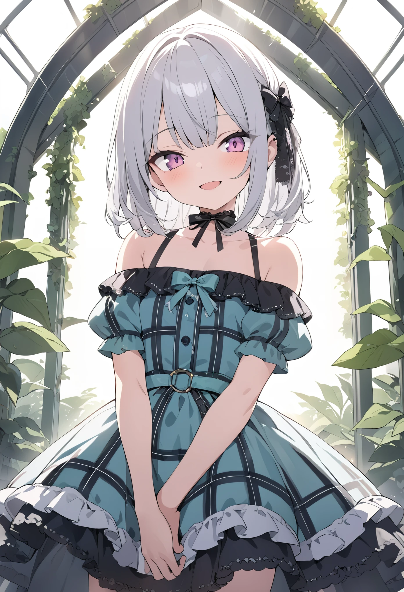 ((Masterpiece)), (Anime:1.5), ((best quality)), (super detail:1.2), (High Definition:1.3), (High Definition:1.3), (Professional Photography:1.2), ((from front)), (()), cinematic lighting, cute teenage girlaid dress, (Off-Shoulder dress), hoop dress, bow, (lolita fashion),e silver hair, (Vibrant Pose), exposed bare shoulder and arms, lolita style, ((lookto the left)), cute smile, open mouth, pretty, portrait of lolita girl, emo style, checker, (against the giant greenhouse), ribbon belt, (sharp focus), (perfect light),