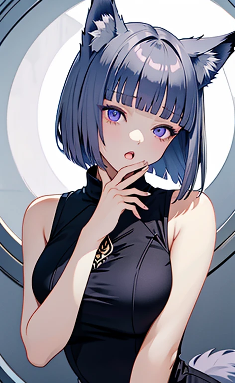 (masterpiece:1.4、top-quality、illustration)、(character focus、,upper body:1.3)、(face:1.3),(1girl),(cunnilingus gesture:1.3),(Beautiful eyes:1.4),cute face,(purple eyes:1.3)、(tareme:1.3)、(fox ears,fox tails),
),(stand:1.4),、(),(),
(blue grey hair),(short hair:1.5)、
,(),（sleeveless turtleneck china dress:1.5),
(blunt bangs),(sidelocks:1.3), (large breasts)、
、slender、