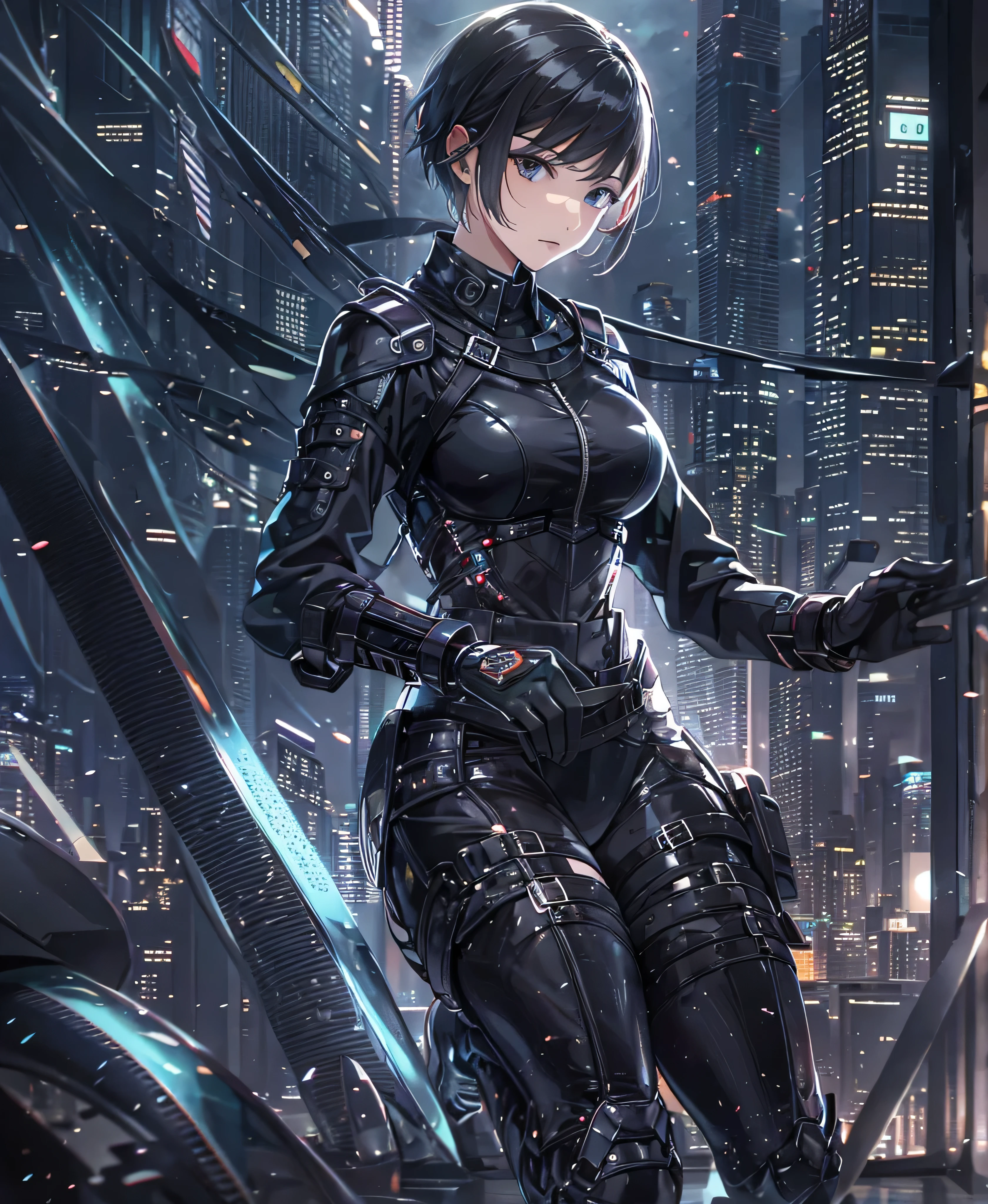 Best Quality,T Masterpiece,Ultimate resolution,18Old female fighter,Slender、Very slim、Small face、cute、(Kneeling pose),Black Super Short Hair,Shiny patent leather tight black combat uniform,Tight Suit,gloves、Steel City Background,night