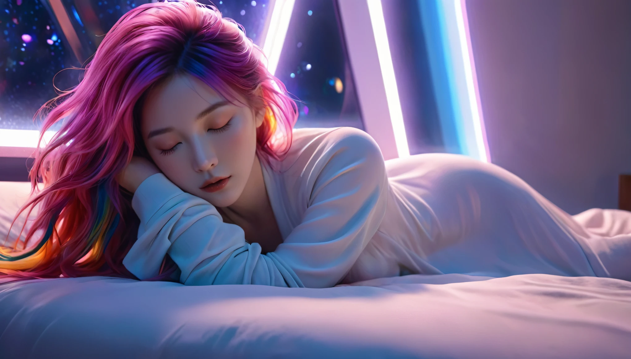 (best quality,8k,ultra-detailed:1.2),(CG,CG art,3D rendering),(masterpiece:1.2),（Crawling on the table），（Sexy clothing），(movie lighting,futuristic),(woman lying in bed,sleeping,closed eyes),(large window behind her,tranquil night),(colorful hair:1.5)
