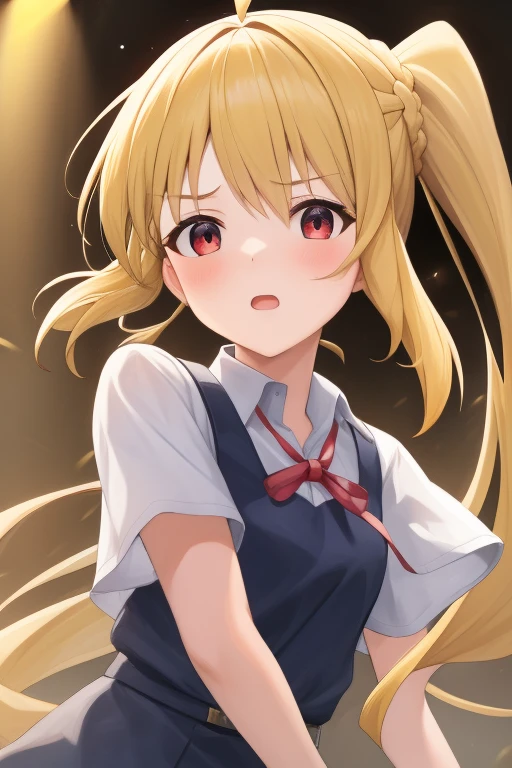 (masterpiece, highest quality:1.2), A girl with blonde hair and red eyes wearing a white shirt, Side Ponytail, Full Bang, Looks confused, on stage, Super detaileded, highest quality, Expressive eyes, Perfect Face, super high quality, Super detailed 