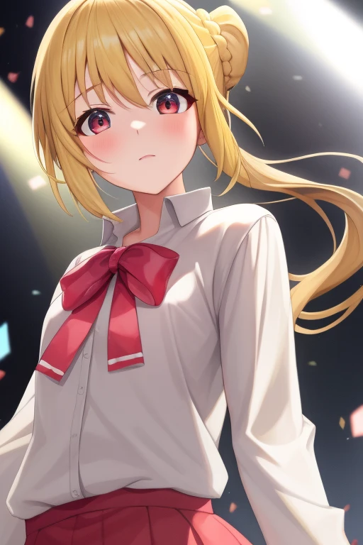 (masterpiece, highest quality:1.2), A girl with blonde hair and red eyes wearing a white shirt, Side Ponytail, Full Bang, Looks confused, on stage, Super detaileded, highest quality, Expressive eyes, Perfect Face, super high quality, Super detailed 