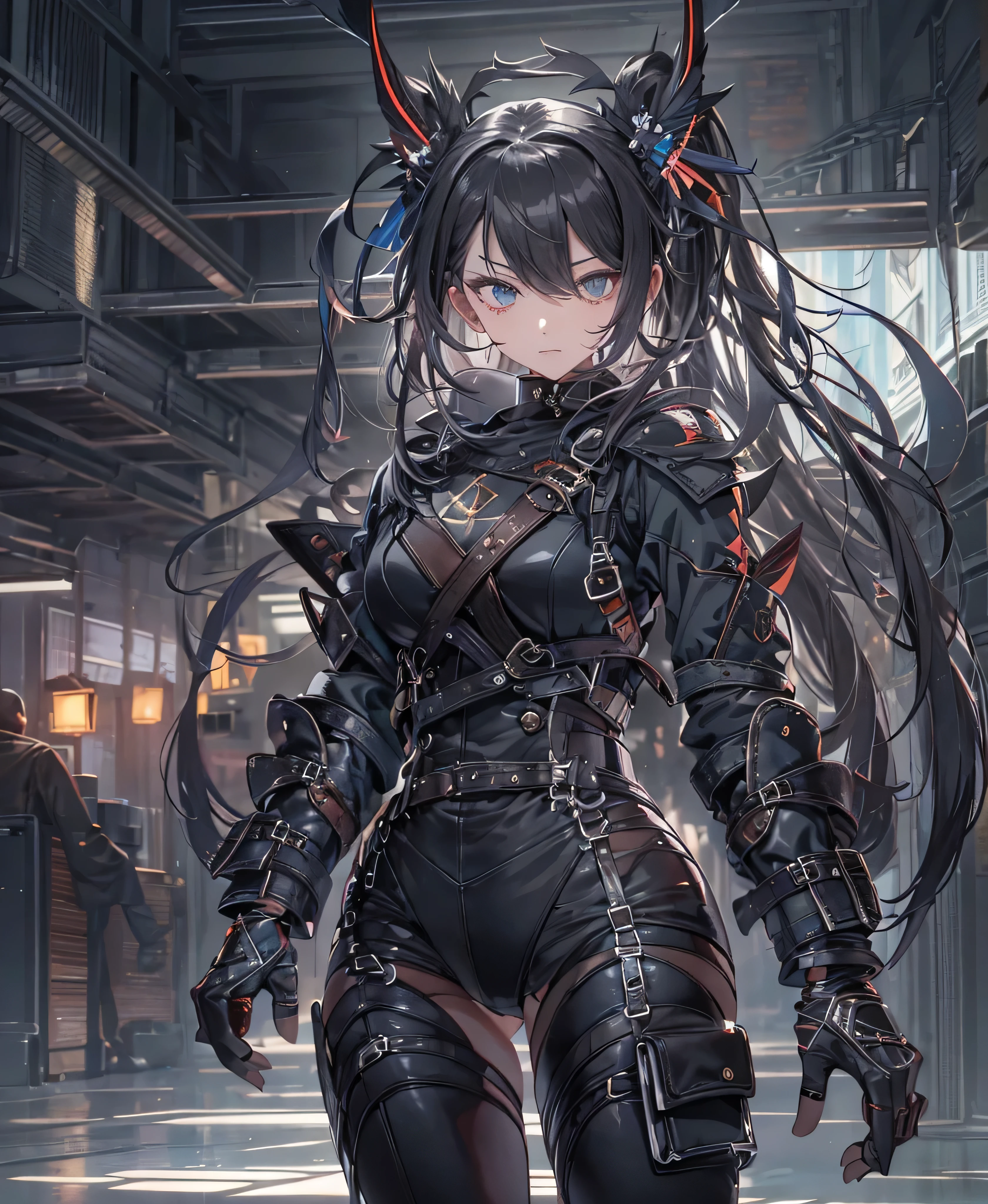 Best Quality,T Masterpiece,Ultimate resolution,18Old female fighter,Slender、Very slim、Small face、cute、(Kneeling pose),Black Super Short Hair,Shiny patent leather tight black combat uniform,Tight Suit,gloves、Steel City Background,night