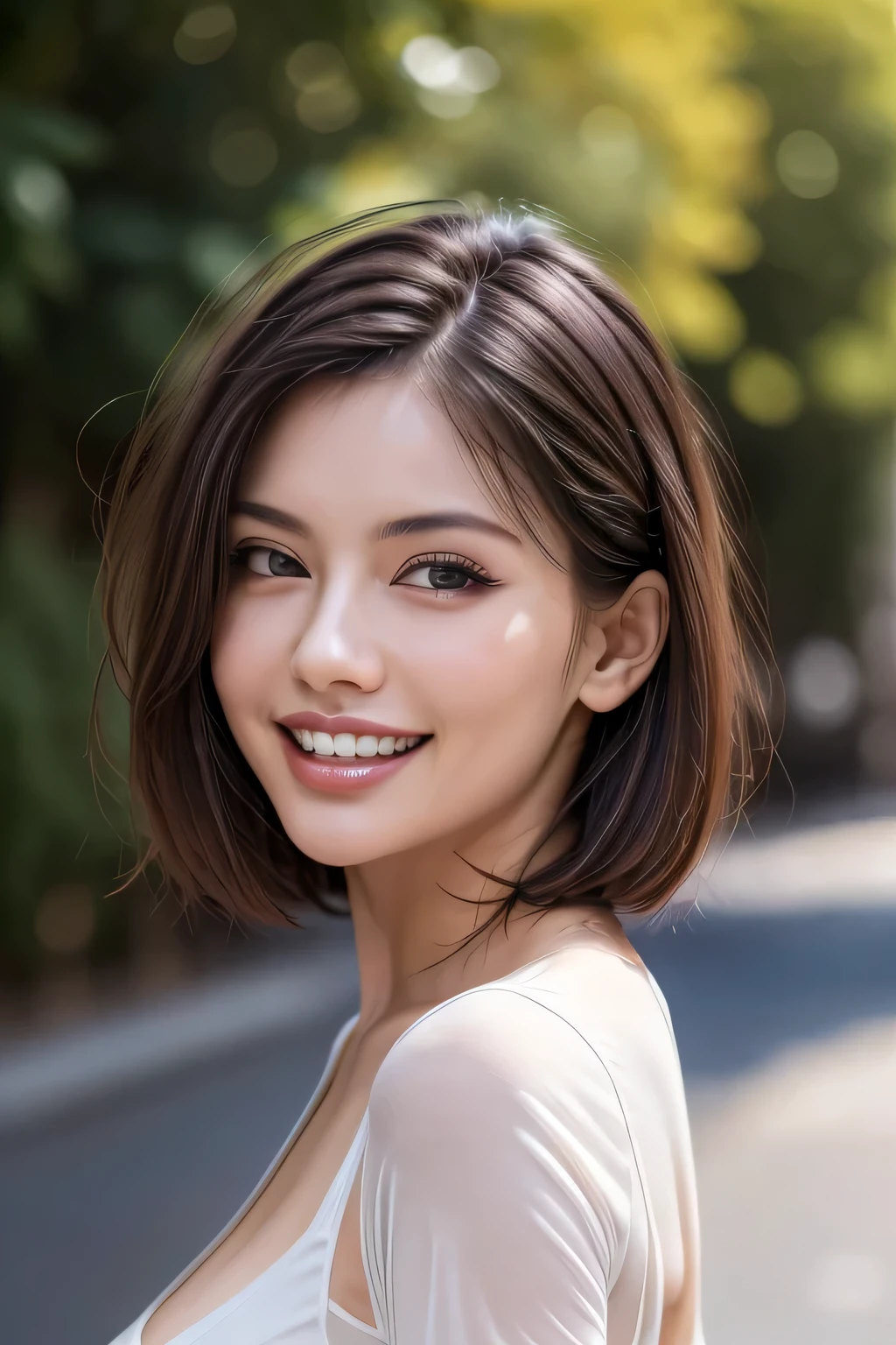 (8k, RAW Photos, highest quality, masterpiece, Realistic, Realistic), (1 female), (Ultimate beauty), Highly detailed face, (Perfect Teeth), Beautiful Eyes, double eyelid, eyelash, smile, Lip details, (Neat brunette bob), The light shines on your face, Big Breasts, ((Colorful mini dresses)), (background: none), Background blur