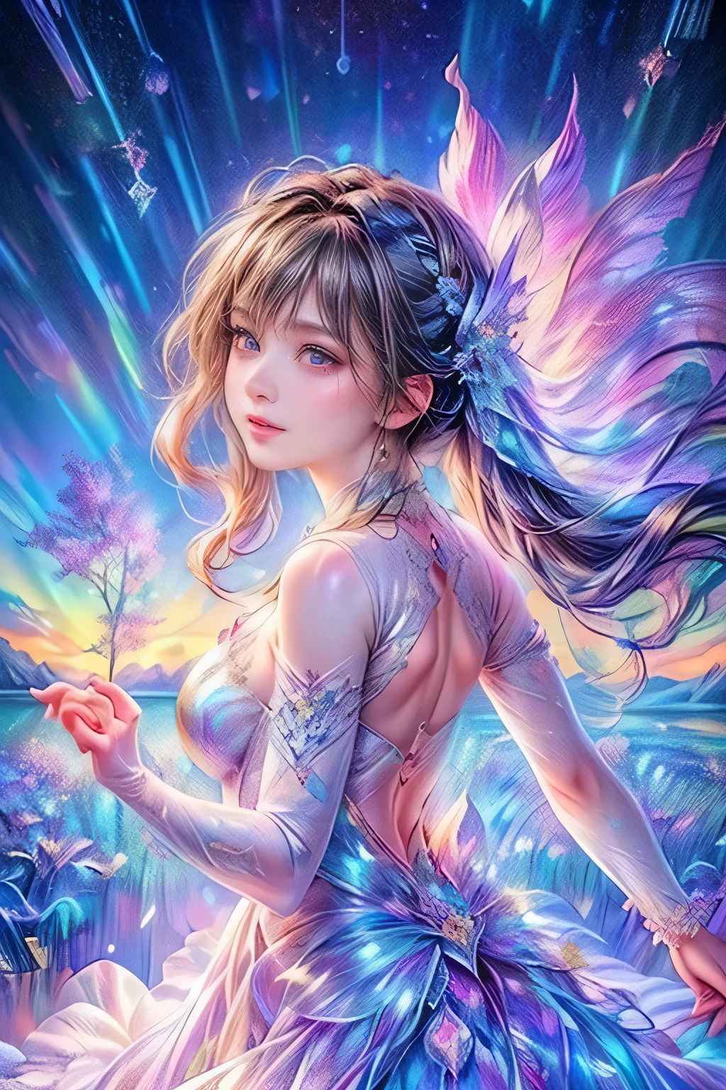 raw photo:1.2, masterpiece, highest quality, 16k, unbelievably absurd, very detailed, perfect beauty, (double exposure vibrant colors silhouette:1.3), (layered vibrant colors silhouette:1.2), (water world photo scenery), diamond dust, starry sky with aurora, flowing sheer dress, flowy long hair, (lake:1.2), (realistic photo scenery), (starlight), (ballerina girl dancing,romantic tutu),