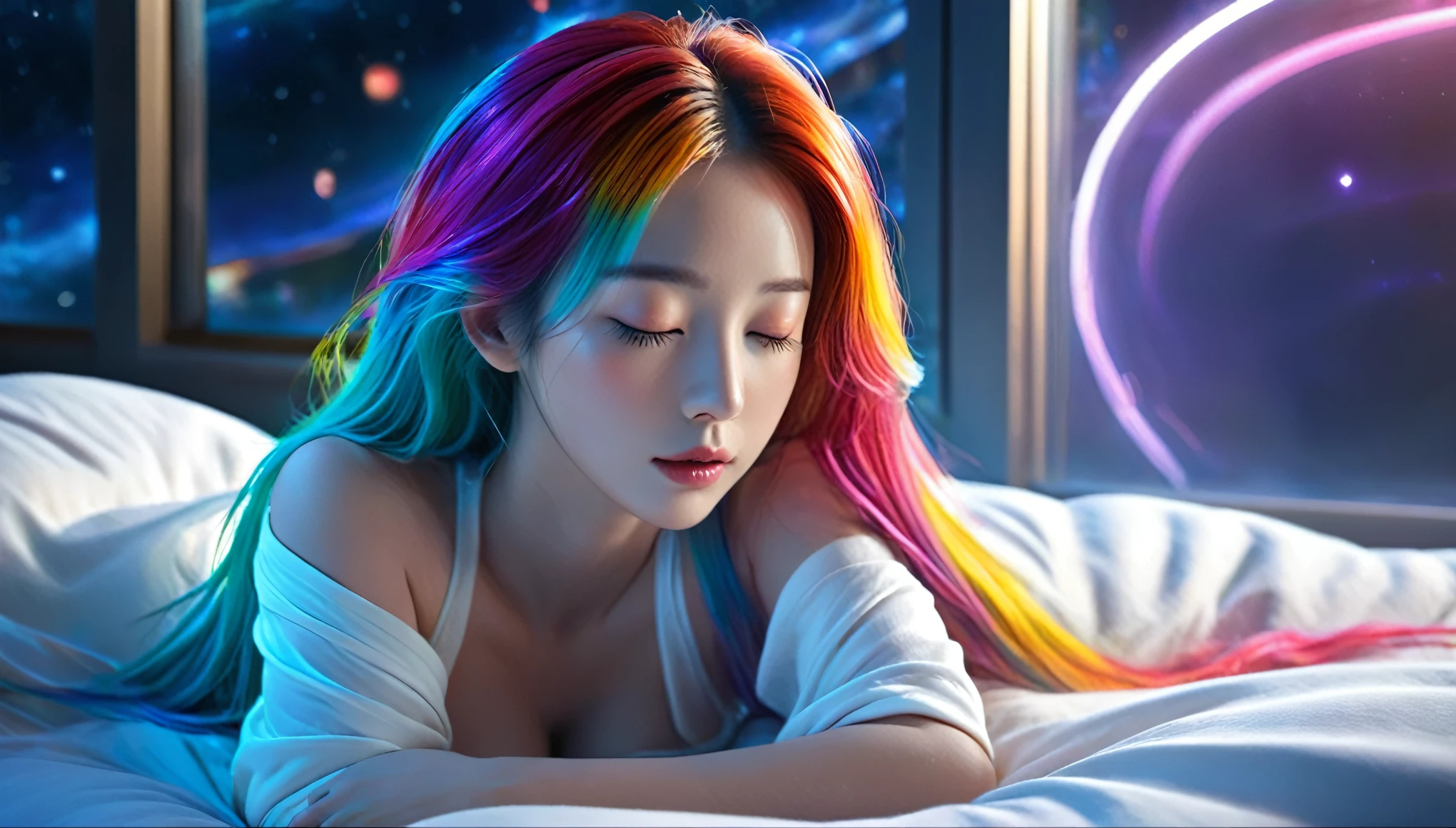 (best quality,8k,ultra-detailed:1.2),(CG,CG art,3D rendering),(masterpiece:1.2),(Crawling on the table),(Sexy clothing),(movie lighting,futuristic),(woman lying in bed,sleeping,closed eyes),(large window behind her,tranquil night),(colorful hair:1.5)