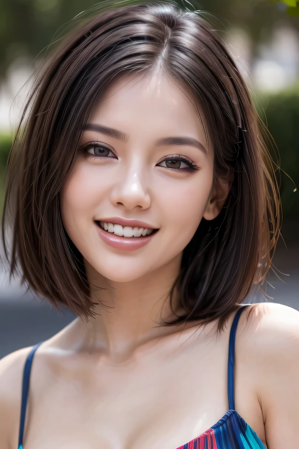 (8k, RAW Photos, highest quality, masterpiece, Realistic, Realistic), (1 female), (Ultimate beauty), Highly detailed face, (Perfect Teeth), Beautiful Eyes, double eyelid, eyelash, smile, Lip details, (Neat brunette bob), The light shines on your face, Big Breasts, ((Colorful mini dresses)), (background: none),  Background blur