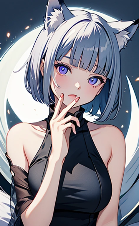 (masterpiece:1.4、top-quality、illustration)、(character focus、,upper body:1.3)、(face:1.3),(1girl),(cunnilingus gesture:1.3),(Beautiful eyes:1.4),cute face,(purple eyes:1.3)、(tareme:1.3)、(fox ears,fox tails),
),(stand:1.4),、(),(),
(blue grey hair),(short hair:1.5)、
,(),(sleeveless turtleneck china dress:1.5),
(blunt bangs),(sidelocks:1.3), (large breasts)、
、slender、