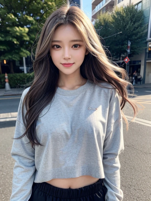 masterpiece, highest quality, High resolution,alone,Multiple hair colors,artistic,Best lighting,casual,Flat Chest,Beautiful Face,expensive,smile,light makeup,Age 25,Calm woman,Detailed Hair,Laughing woman,amount,Wavy Hair,Woman in sportswear,Pants Style,whole body,Lean on