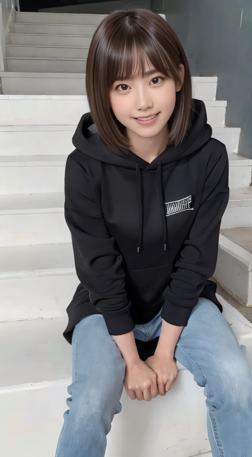 highest quality, Realistic, Very detailed, Finer details, High resolution, 8k wallpaper, One beautiful woman,Sit on the stairs、(Wear black socks)smile、(Beautiful teeth alignment、)(Gums are visible) Oversized hoodie, Skinny jeans,( Black sneakers)、Black Hair、 Beautiful Bangs、ear piercing、Perfect dynamic composition, Beautiful and detailed, Full Body Shot, A big smile brown hair