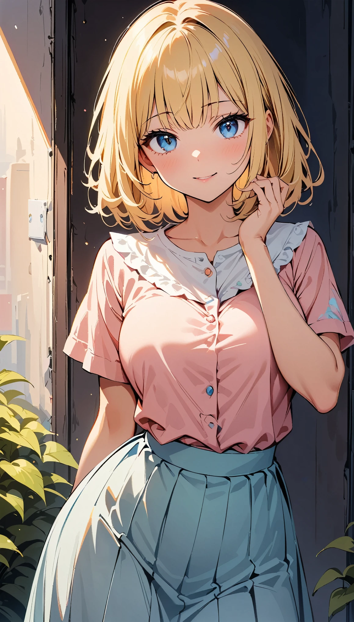 (highest quality, 4K, 8K High Resolution, masterpiece:1.2), Very detailed, one person, woman, (Blonde, Medium Hair, Bobcut, blue eyes), Standing pose, Sexy vibe, Attractive breasts, Magic Hour, ([pastel colour]blouse, Long skirt), Emphasis on individuality and uniqueness, Fine and beautiful eyes, Beautiful lip detail, Long eyelashes, Bright colors, Photo Spot, In front of a white wall, Cowboy Shot, Soft and warm color palette.