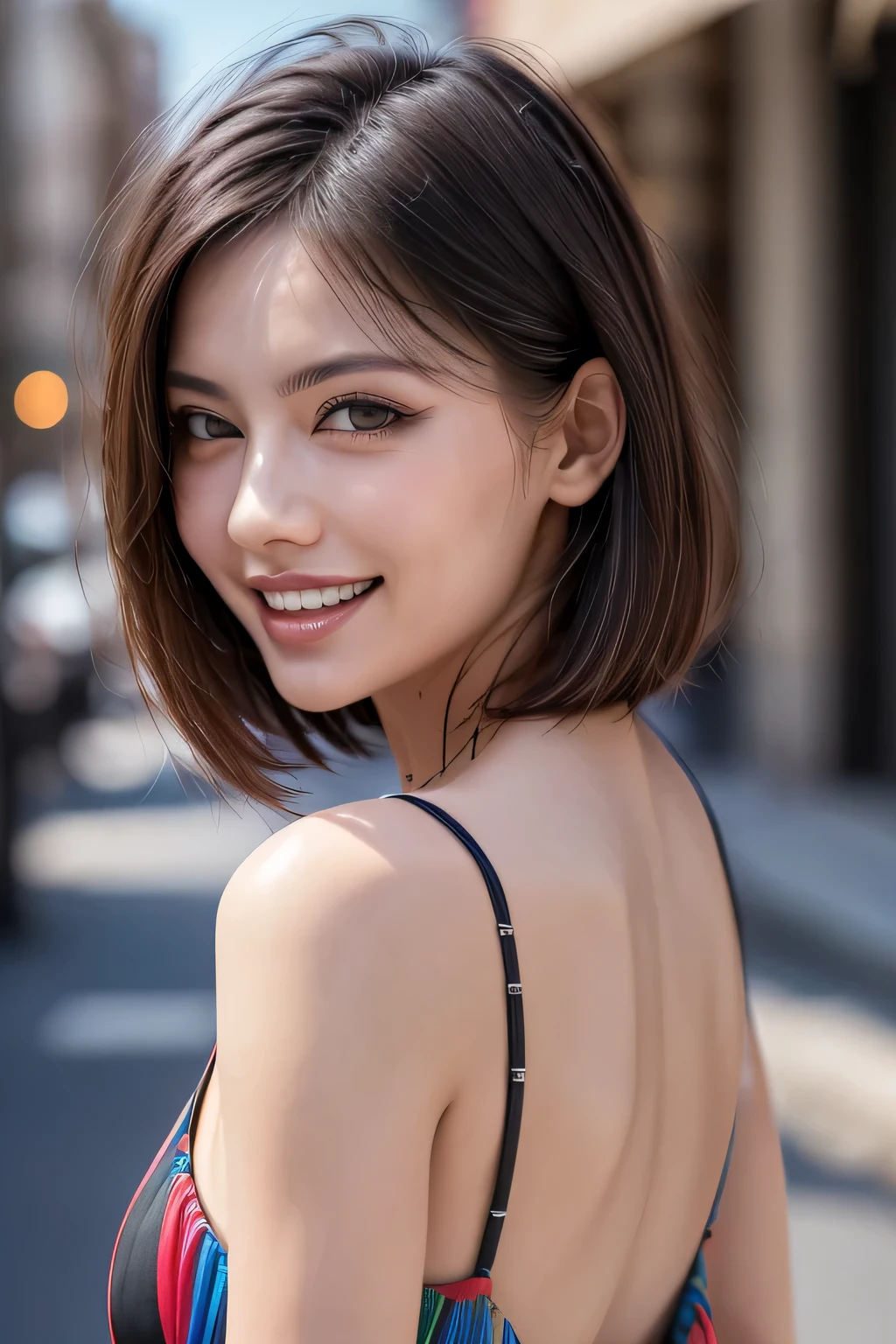 (8k, RAW Photos, highest quality, masterpiece, Realistic, Realistic), (1 female), (Ultimate beauty), Highly detailed face, (Perfect Teeth), Beautiful Eyes, double eyelid, eyelash, smile, Lip details, (Neat brunette bob), The light shines on your face, Big Breasts, ((Colorful mini dresses)), (background: none), Background blur