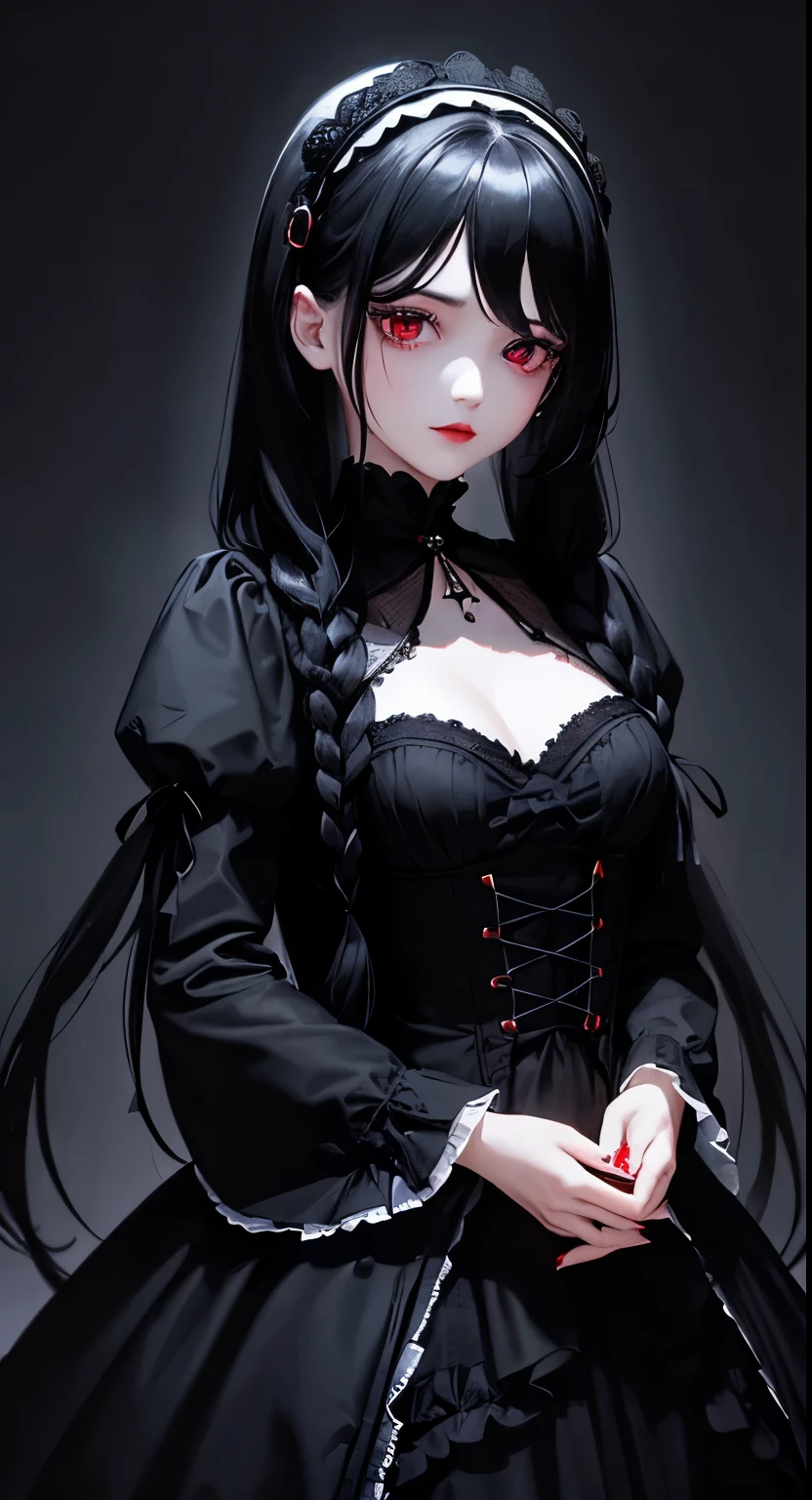 1 girl,Depp's Sense,confused,catch light,Super beautiful illustration,,(black color,long hairstyles:1.3),dark dark eyeshadow,bright red lipstick,Gothic Lolita,;d,beautiful and delicate hair,delicate and detailed red eyes,blue shining light effect