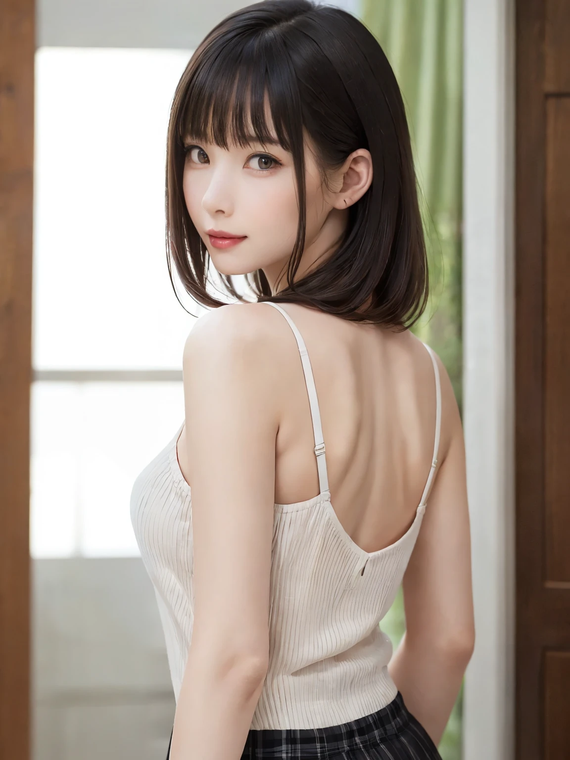 (From the back:1.4、Tabletop:1.4、highest quality:1.4、Best image quality:1.4、Cute beautiful adult woman, Adult smile:1.4、Beautiful Teeth、Lip gloss、Short Brunette Bob、Shiny shiny hair、Has shiny bangs:1.4、bangs:1.4、length, shiny shorthair、length neck:1.4、Show me your ears、Tall Supermodels、Broad shouldered supermodel、{Huge|big|Huge|Mega} chest, Beautiful chest have cleavage)、(very beautiful back、Cute school girl、Off-the-shoulder white see-through shirt、Checkered sheer loop pleated short skirt、28 years old)、Very cute and attractive woman