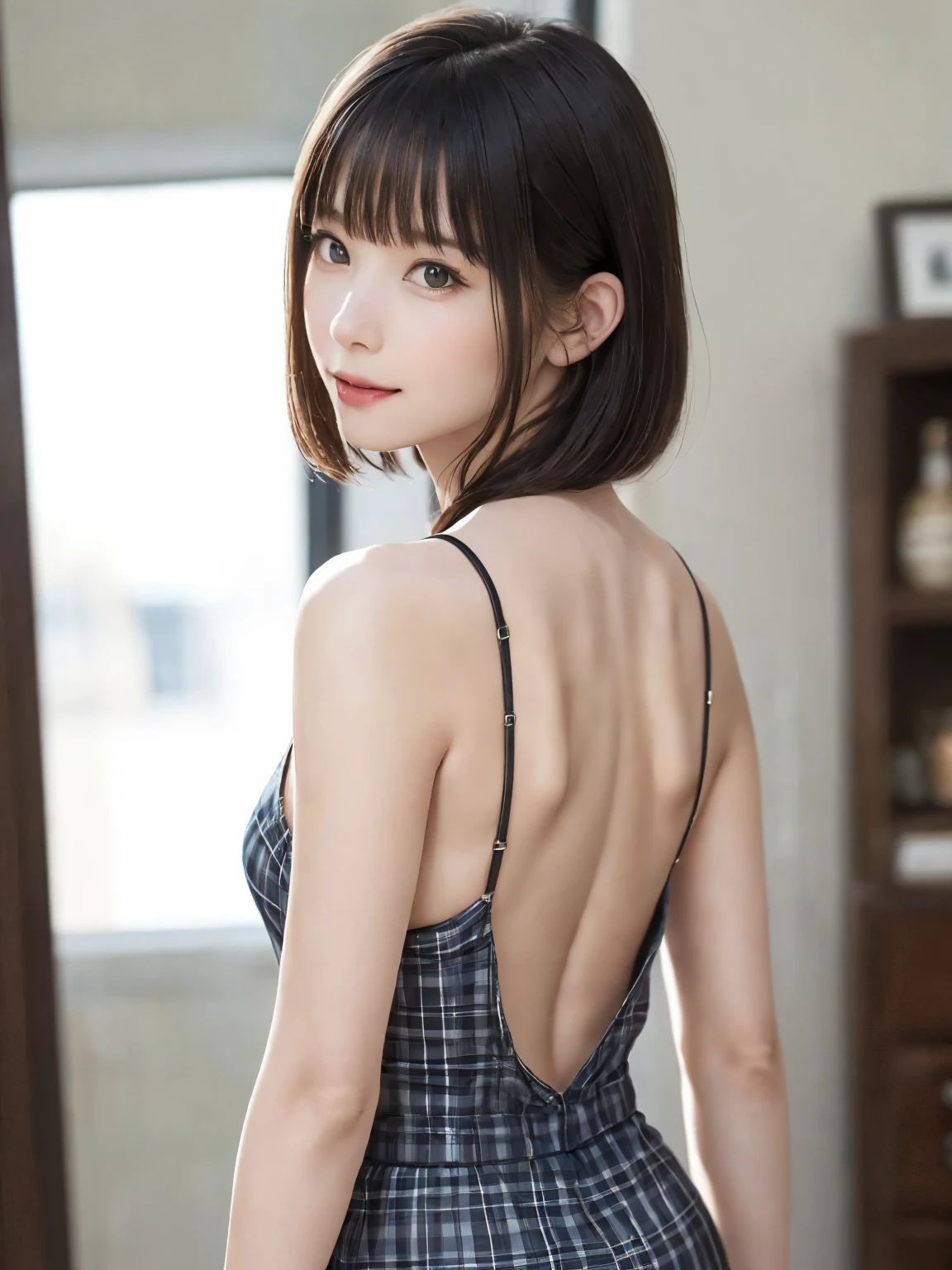 (From the back:1.4、Tabletop:1.4、highest quality:1.4、Best image quality:1.4、Cute beautiful adult woman, Adult smile:1.4、Beautiful Teeth、Lip gloss、Short Brunette Bob、Shiny shiny hair、Has shiny bangs:1.4、bangs:1.4、length, shiny shorthair、length neck:1.4、Show me your ears、Tall Supermodels、Broad shouldered supermodel、{Huge|big|Huge|Mega} chest, Beautiful chest have cleavage)、(very beautiful back、Cute school girl、Off-the-shoulder white see-through shirt、Checkered sheer loop pleated short skirt、28 years old)、Very cute and attractive woman