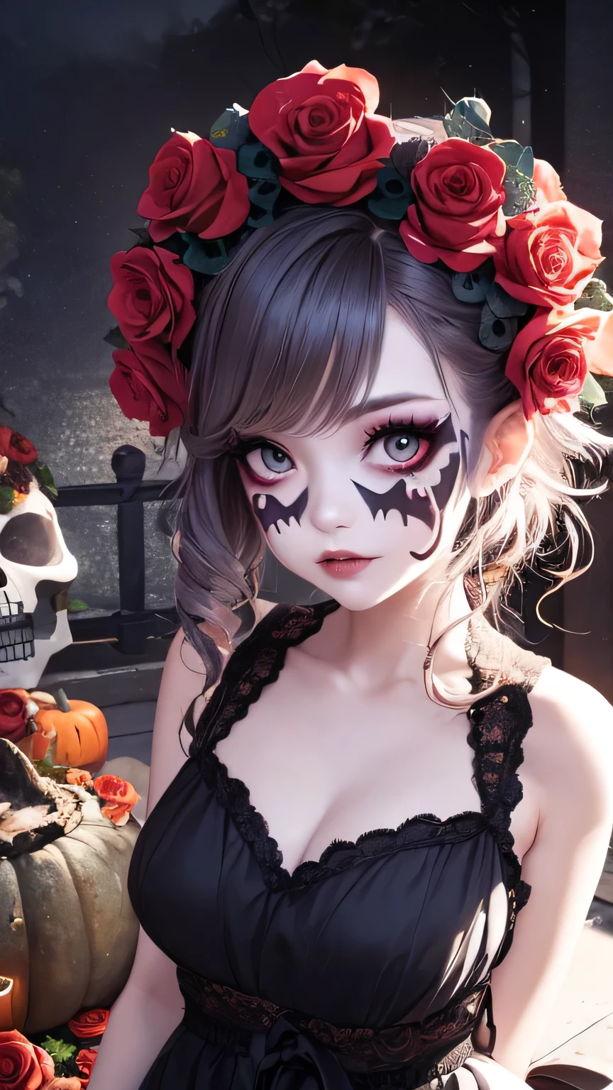 cute girl Halloween cosplay, day of the dead outfit, Halloween face makeup, (detailed skull face makeup:1), wreath of roses on the head, Mexican dress, beautiful death makeup, (vibrant colors:0.9), dark and mysterious lighting, (high contrast:1.1)