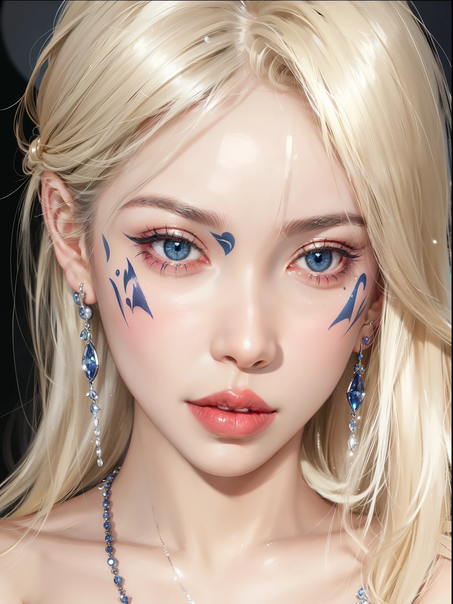 Super detailed, Delicate face, Realistic style, Stock Photography: , rich and colorful, Surrealism, Realistic textures, Dramatic Lighting, Thin Film Distiller 800 (8K, original photo, Better quality, masterpiece: 1.2), Super detailed, (Extremely delicate skin: 1.2), 8K Ultra HD, SLR camera, Soft Light, high quality,Snow Queen,ice castle,Blue pupils,Apply red lipstick,Tattoo goddess,With tattoo pattern,Ultra-clear portrait,apply lipstick,Wearing necklace jewelry,apply lipstick,Wear heavy makeup,The facial texture is very clear,Beautiful tattoos on the body,Deep blue eyes(Sapphire-like pupils),
