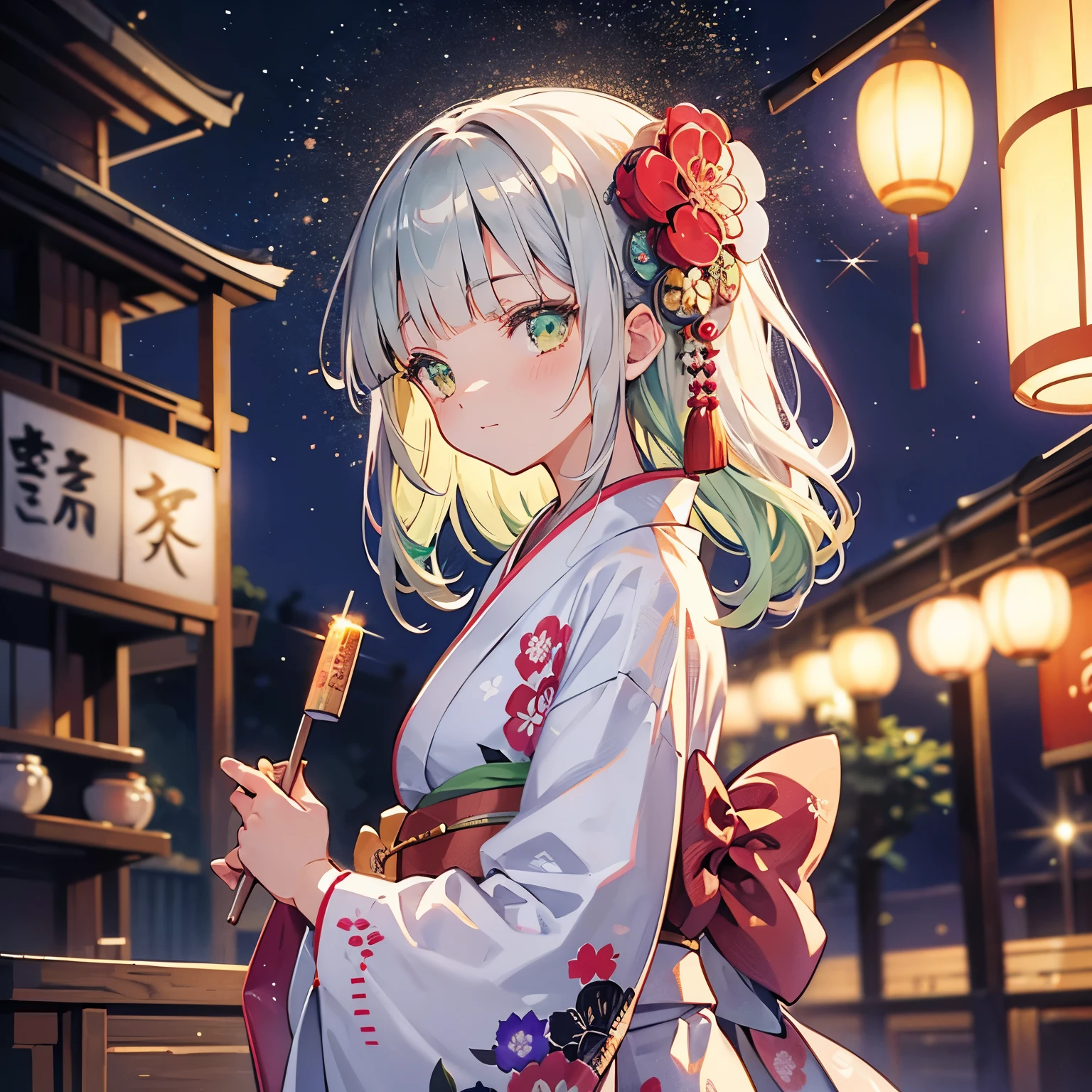 ♥(Japanese beautiful flower printed kimono,yukata),((1girl,cute,young,semi long beautiful silver green hair,blunt bangs,twin tales,beautiful green eyes)),(solo),((masterpiece, highest resolution,best quality)), (beautiful illustration),(Japanese beautiful flower printed kimono,yukata),
 (looking at the viewer), innocent smile,cinematic lighting,Japanese Festival,stall,fireworks,night sky,full moon,shooting star,
