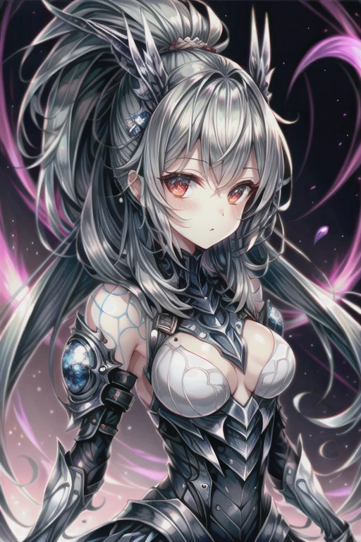 (oil, masterpiece, Highest quality, Super detailed, Focus on the characters),(One girl,alone,Detailed face,The wind is blowing strongly,Dynamic Angle, Dynamic pose,)(Her chest is exposed,Exoskeleton,black,Beautiful black hair,long hair,front,Enveloped in purple flames all over the body,)