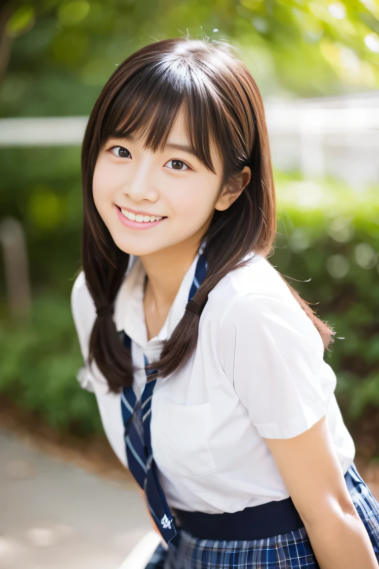 Lens 135mm f1.8, (highest quality),(RAW photo), (arms at sides:1.1), (Beautiful 15 year old Japanese girl), cute face, (deeply carved face:0.7), (freckles:0.6), dappled sunlight, , (japanese school uniform), (inside the school), shy, short ponytail, the waist up shots , (smile),, (sparkling eyes)、,photo from the waist up,