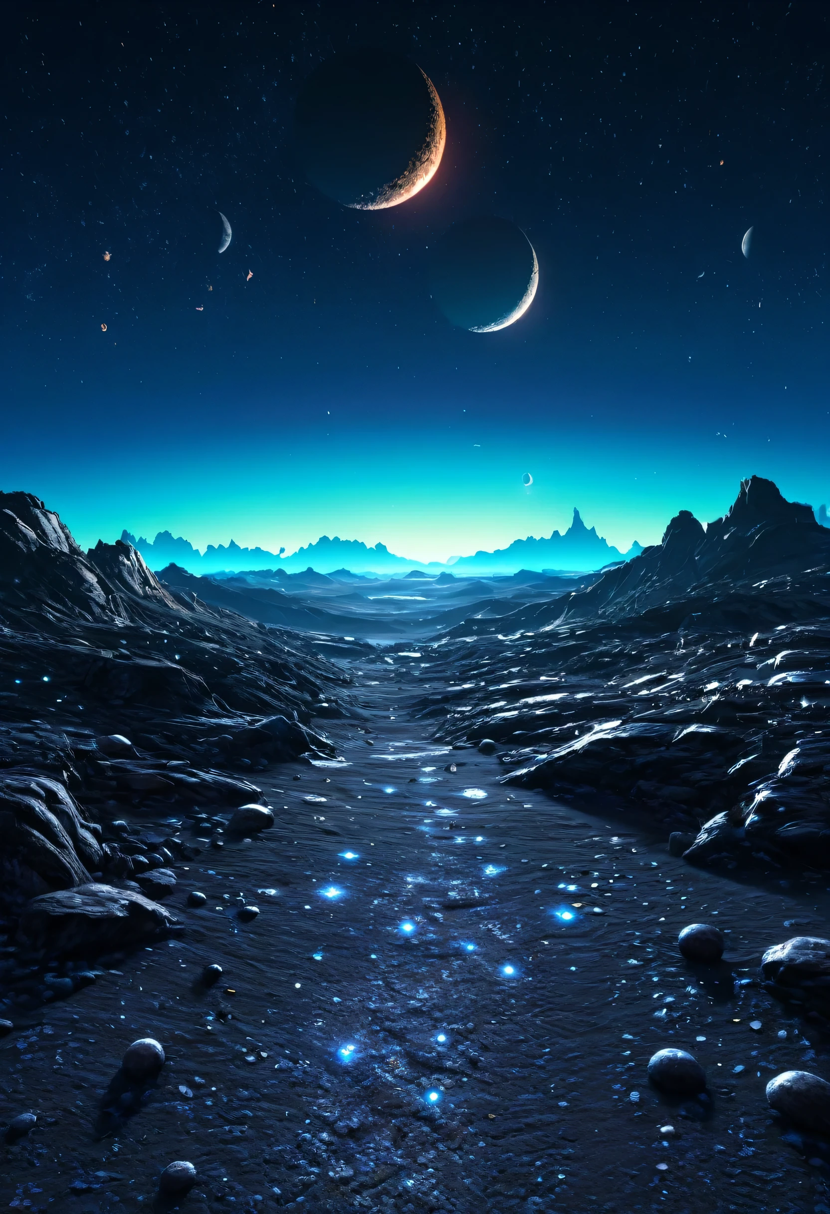Prompt: (masterpiece), best quality, hyper detailed, detailed lights, derailed colors, extremely detailed, morning sky, Morning but sky full of stars, two moon, land in the other planets, nature, life in another world, fantasy, ambient. Game concept.