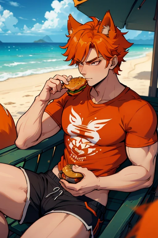 A muscular orange haired man with orange eyes and orange fox ears and an orange fox tail in a cool t-shirt and shorts is eating a burger at the beach
