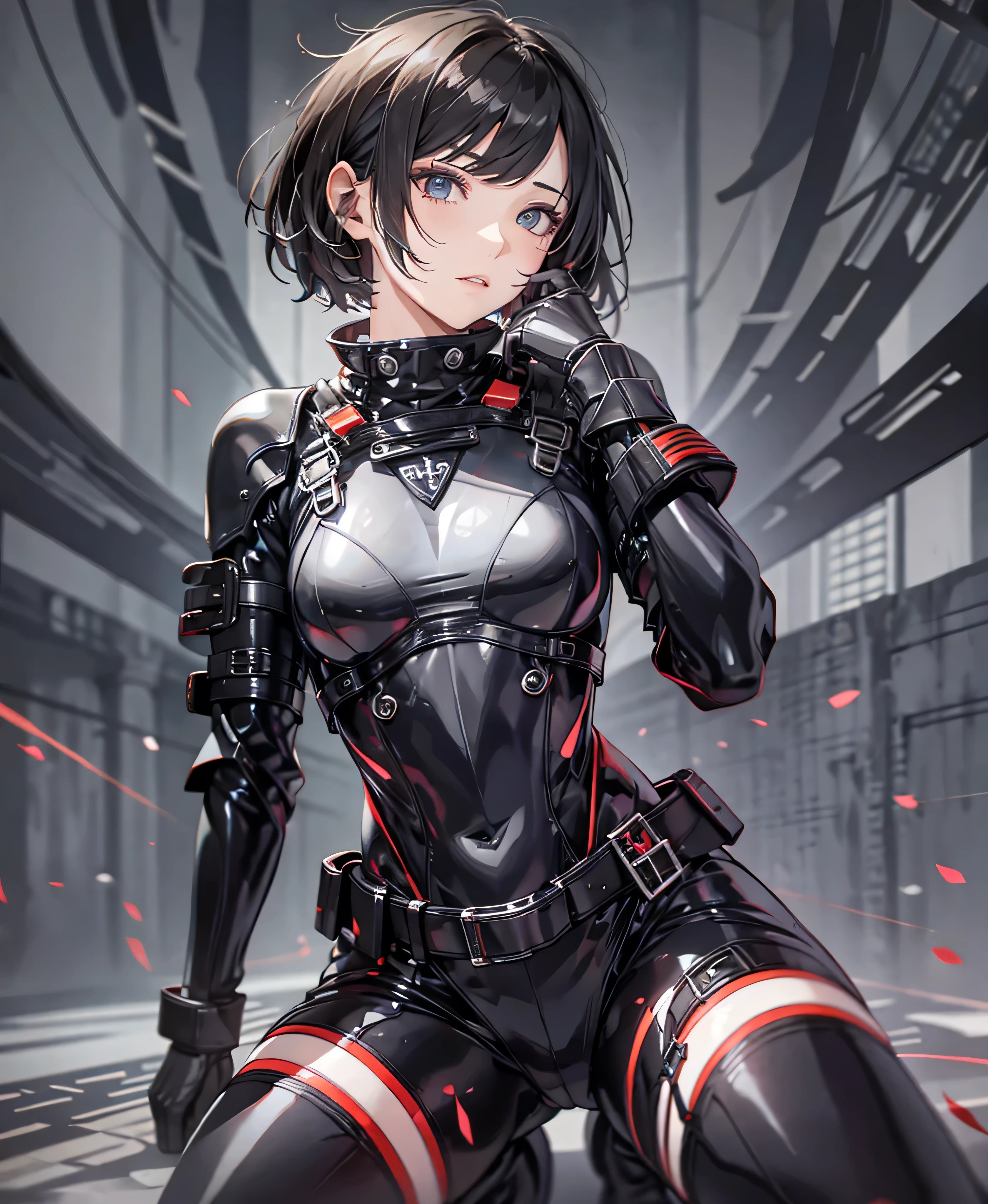 Best Quality,T Masterpiece,Ultimate resolution,18Old female fighter,Slender、Very slim、Small face、cute、(Kneeling pose),Black Super Short Hair,Shiny patent leather tight black combat uniform,Tight Suit,gloves、Steel City Background,night