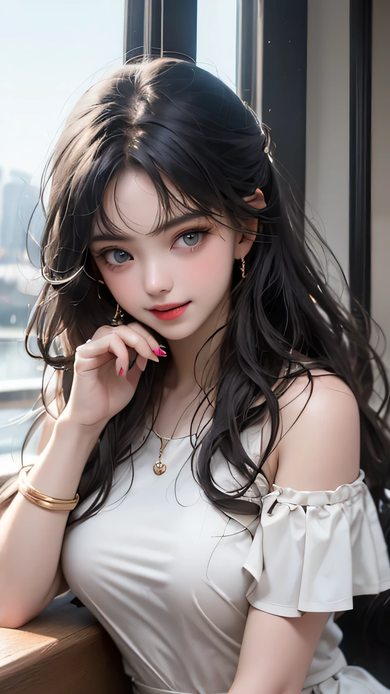 (Girl sitting on a bench in a lakeside park)、Beauty、 One Girl、alone、Long Hair、Viewer、smile、blue eyes、hair ornaments、gem、Gray Hair、Shut your mouth、Blunt bangs、Manicure、bracelet、lips、Grey Eyes、Portraiture、Red nails、close、Red lips、(Shiny skin)、(Steamed body))Beauty、 One girl, alone, Long Hair, View your viewers, smile, blue eyes, hair ornaments, White Background, jewelry, Gray Hair, Mouth closed, Blunt bangs, Manicure,( Outside the window, you can see the Milky Way.),(Off-the-shoulder semi-transparent white dress)、