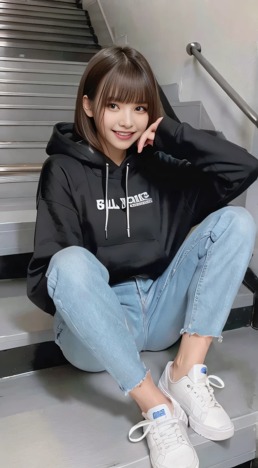 highest quality, Realistic, Very detailed, Finer details, High resolution, 8k wallpaper, One beautiful woman,Sit on the stairs、（Wear black socks）smile、（Beautiful teeth alignment、）（Gums are visible） Oversized hoodie, Skinny jeans,（ Black sneakers）、Black Hair、 Beautiful Bangs、ear piercing、Perfect dynamic composition, Beautiful and detailed, Full Body Shot, A big smile brown hair