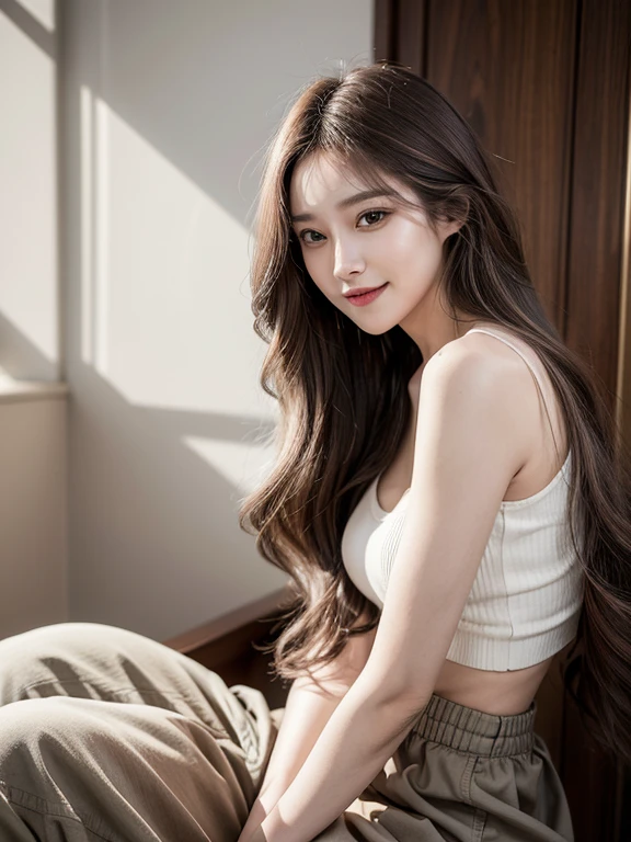 masterpiece, highest quality, High resolution,alone,Multiple hair colors,artistic,Best lighting,casual,Flat Chest,Beautiful Face,expensive,smile,light makeup,Age 25,Calm woman,Detailed Hair,Laughing woman,amount,Wavy Hair,Woman in long skirt,Pants Style,whole body,Lean on